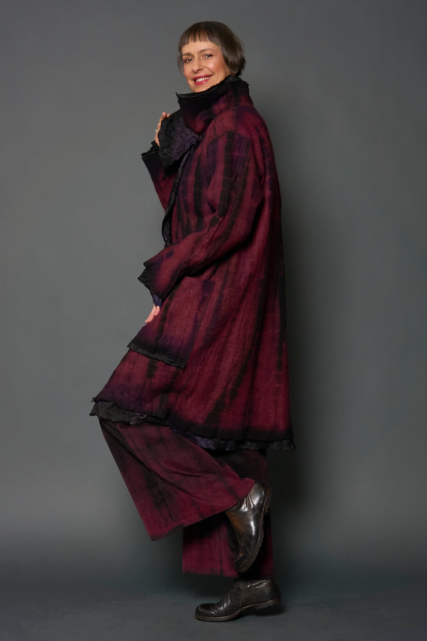 SHIBORI TIE DYE BOILED WOOL WITH JACQUARD PETAL COLLAR COAT - tb2354-pik -
