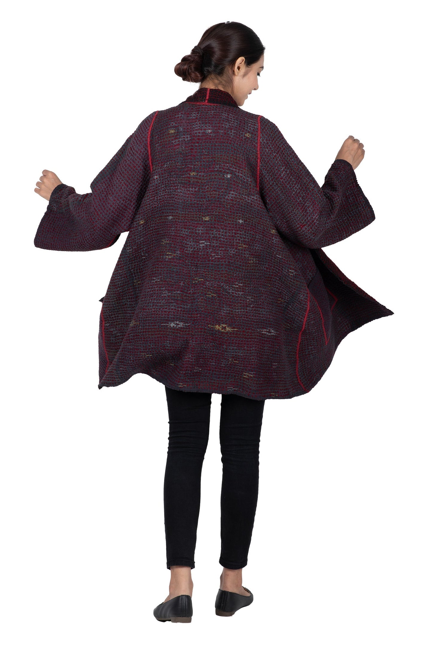 WOOL WAFFLE KANTHA A-LINE JKT - ww3003-red -