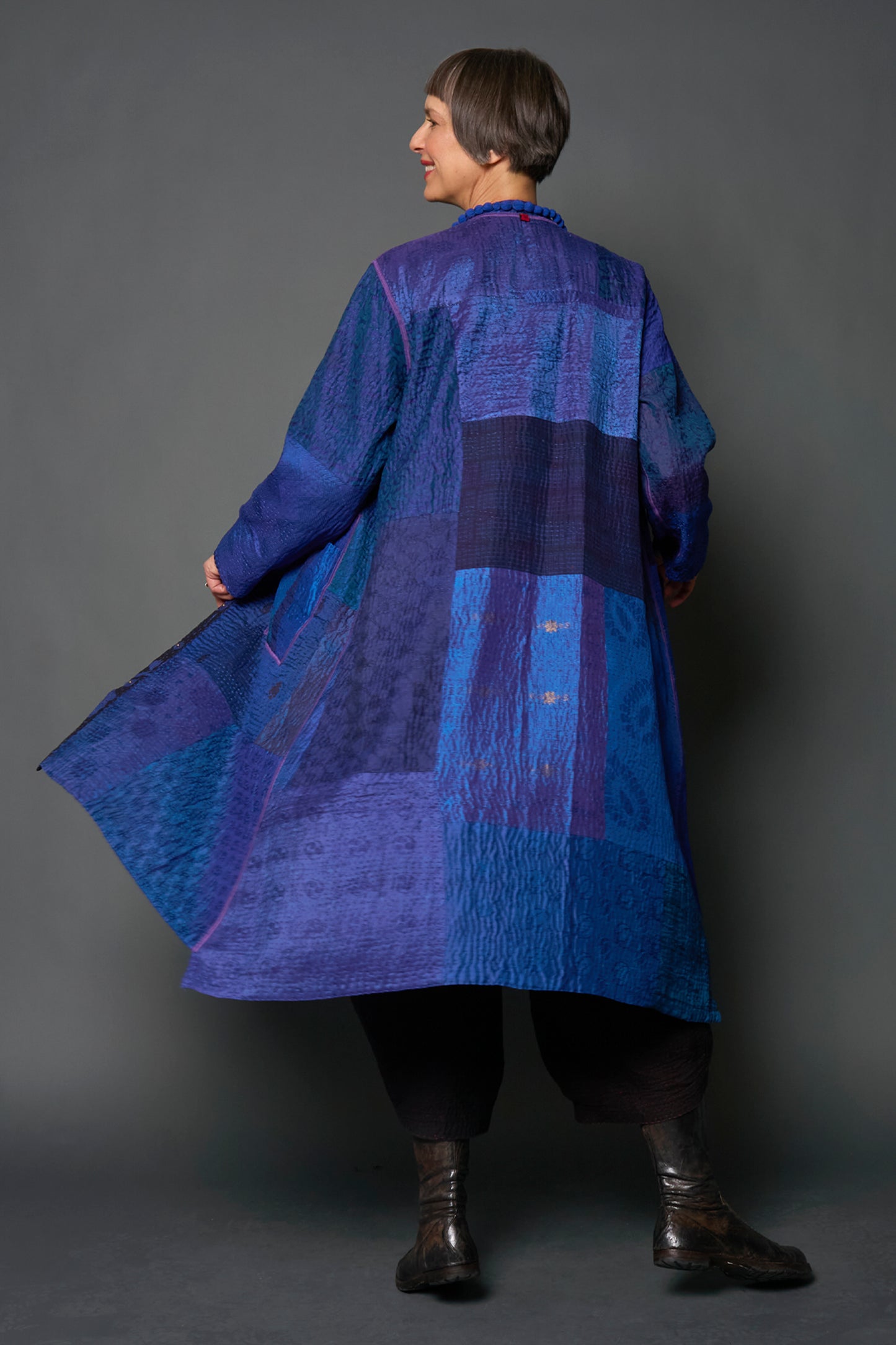 JACQUARD SILK KANTHA KAFTAN COAT - js4343-nvy -