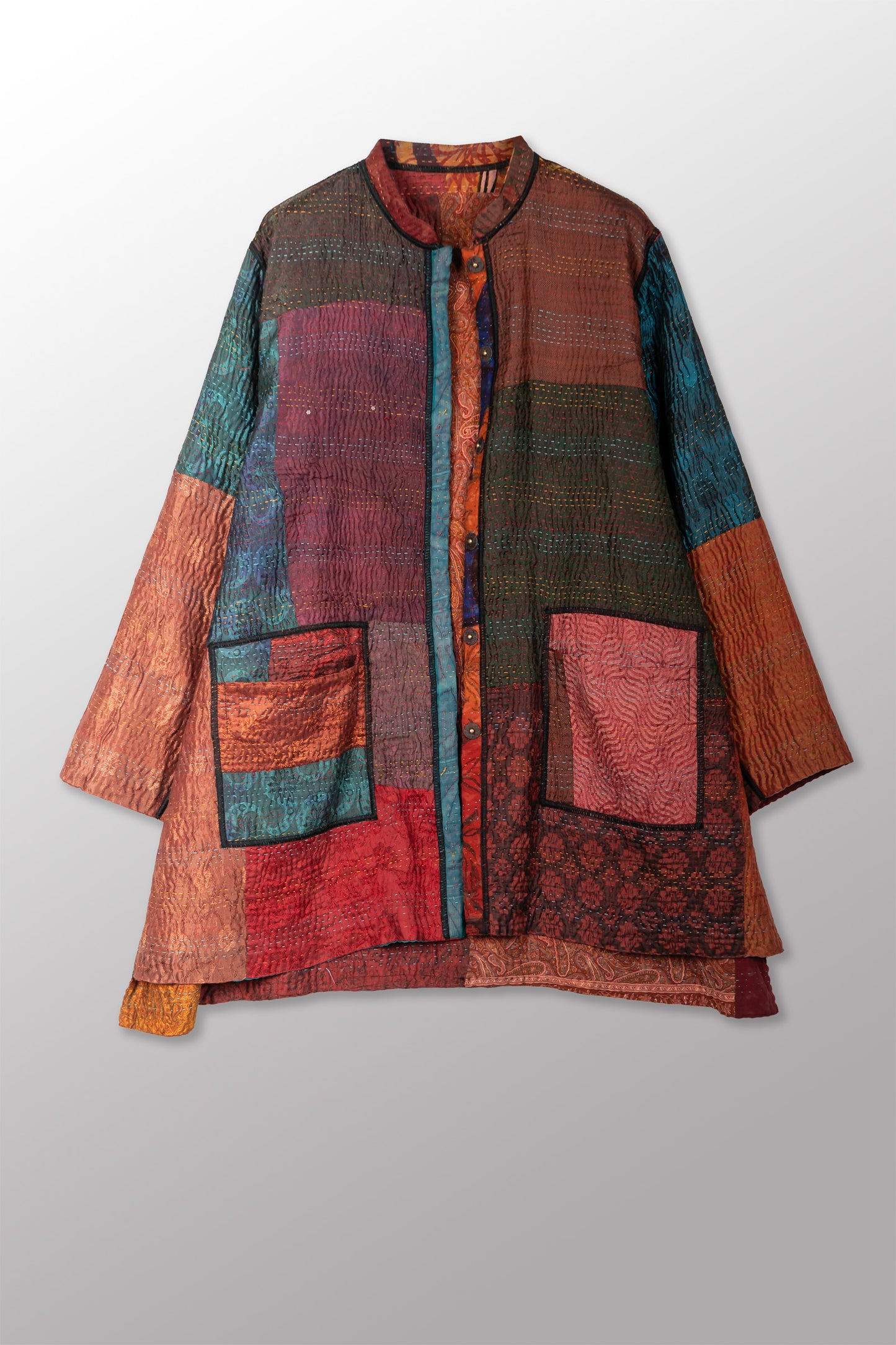 JACQUARD SILK KANTHA KAFTAN JACKET MEDIUM - js4089-brn -