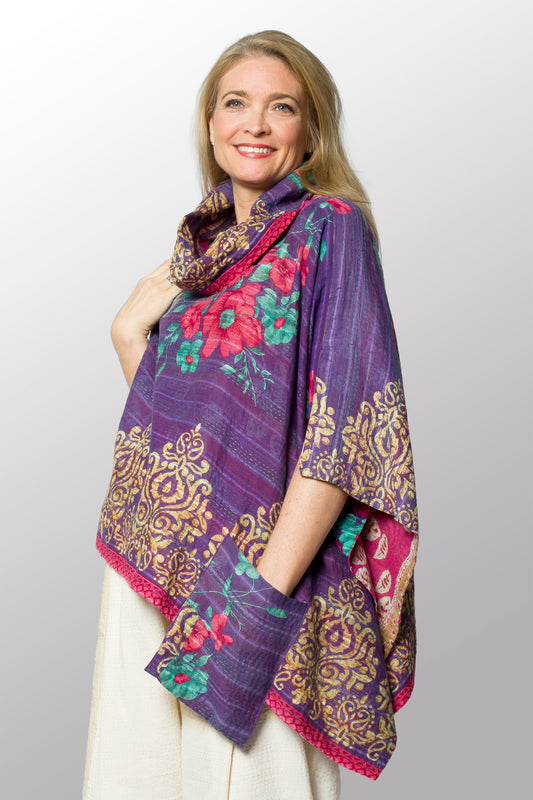 VINTAGE COTTON KANTHA COWL NECK LONG CAPE - cv2842-0004a -