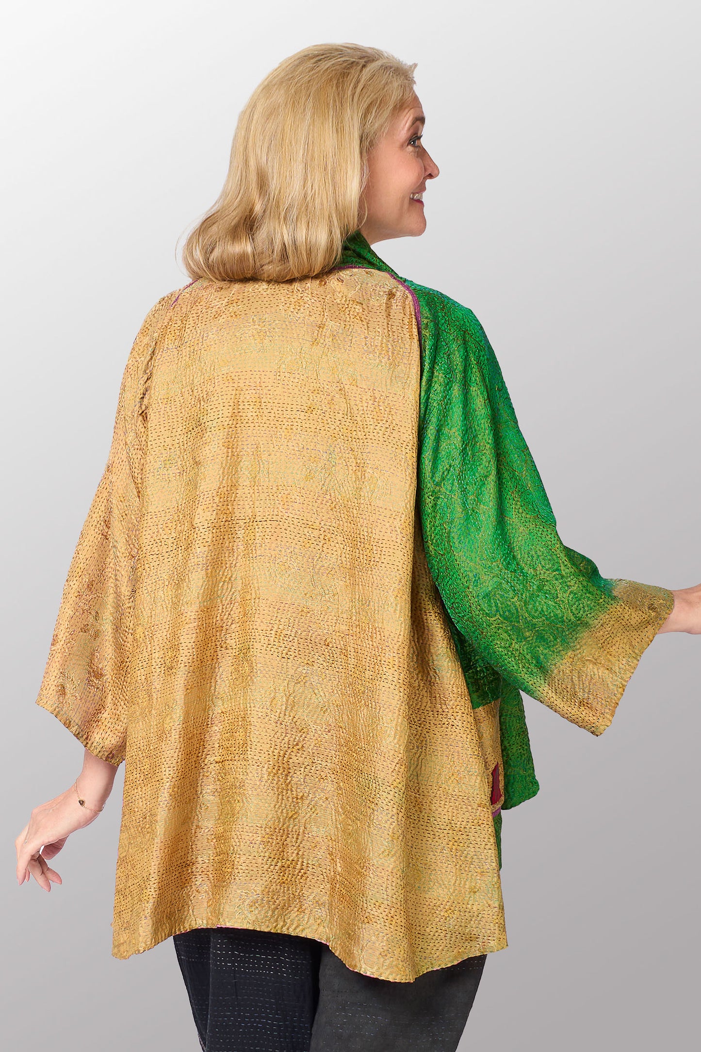 GEORGETTE JACQUARD VINTAGE SILK PATCH KANTHA KIMONO JACKET - gj2004-0002a -