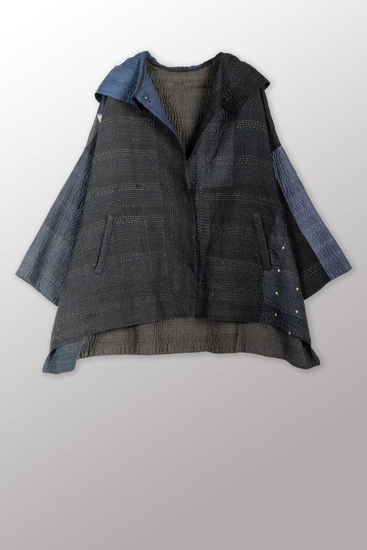 JAIPUR PATCH KANTHA HOODIE PONCHO - jp4064-blk -