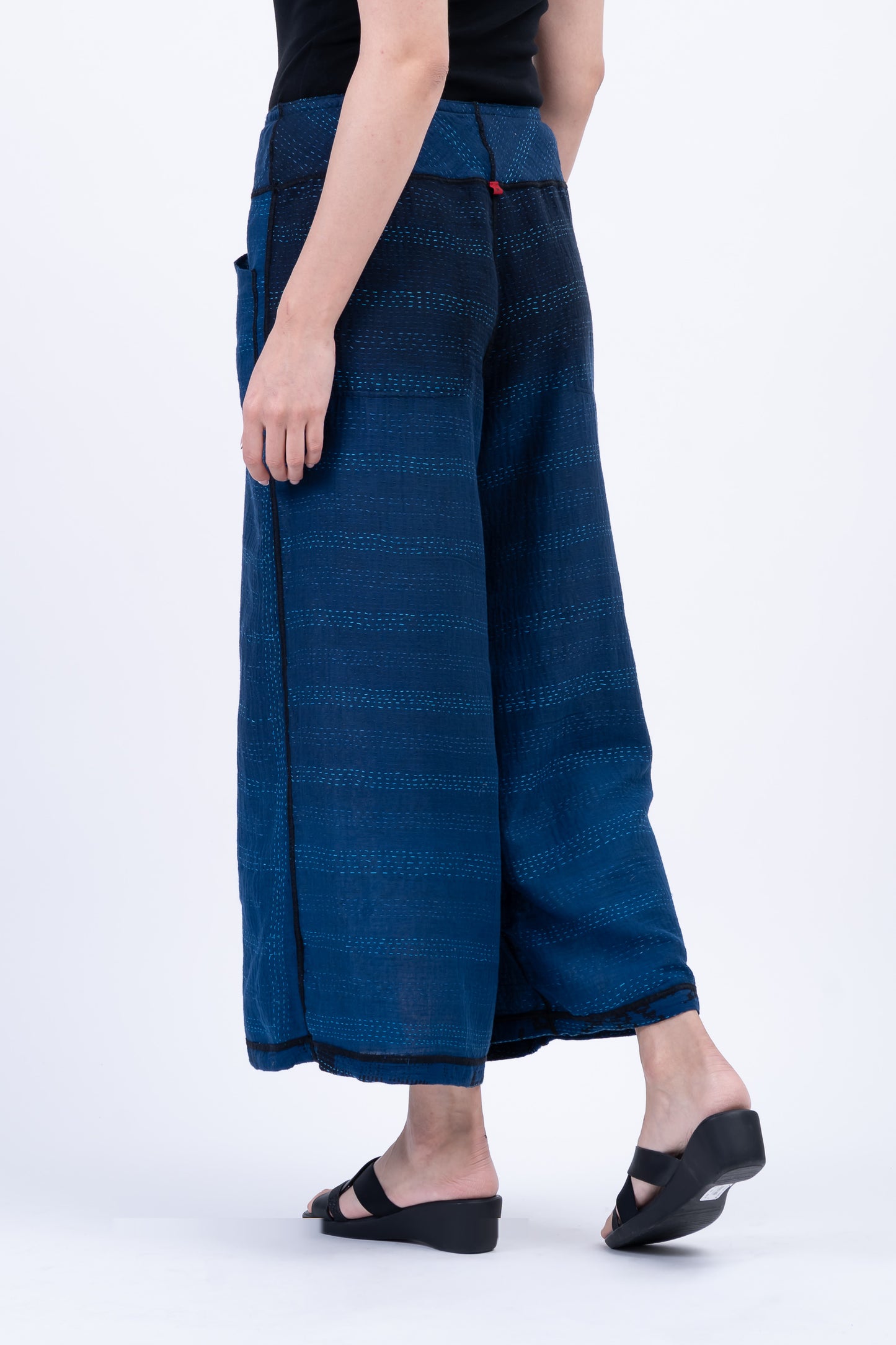 MONOTONE TWILIGHT PRINT KANTHA MID RISE WIDE LEG PANTS - tp2665-nvy -