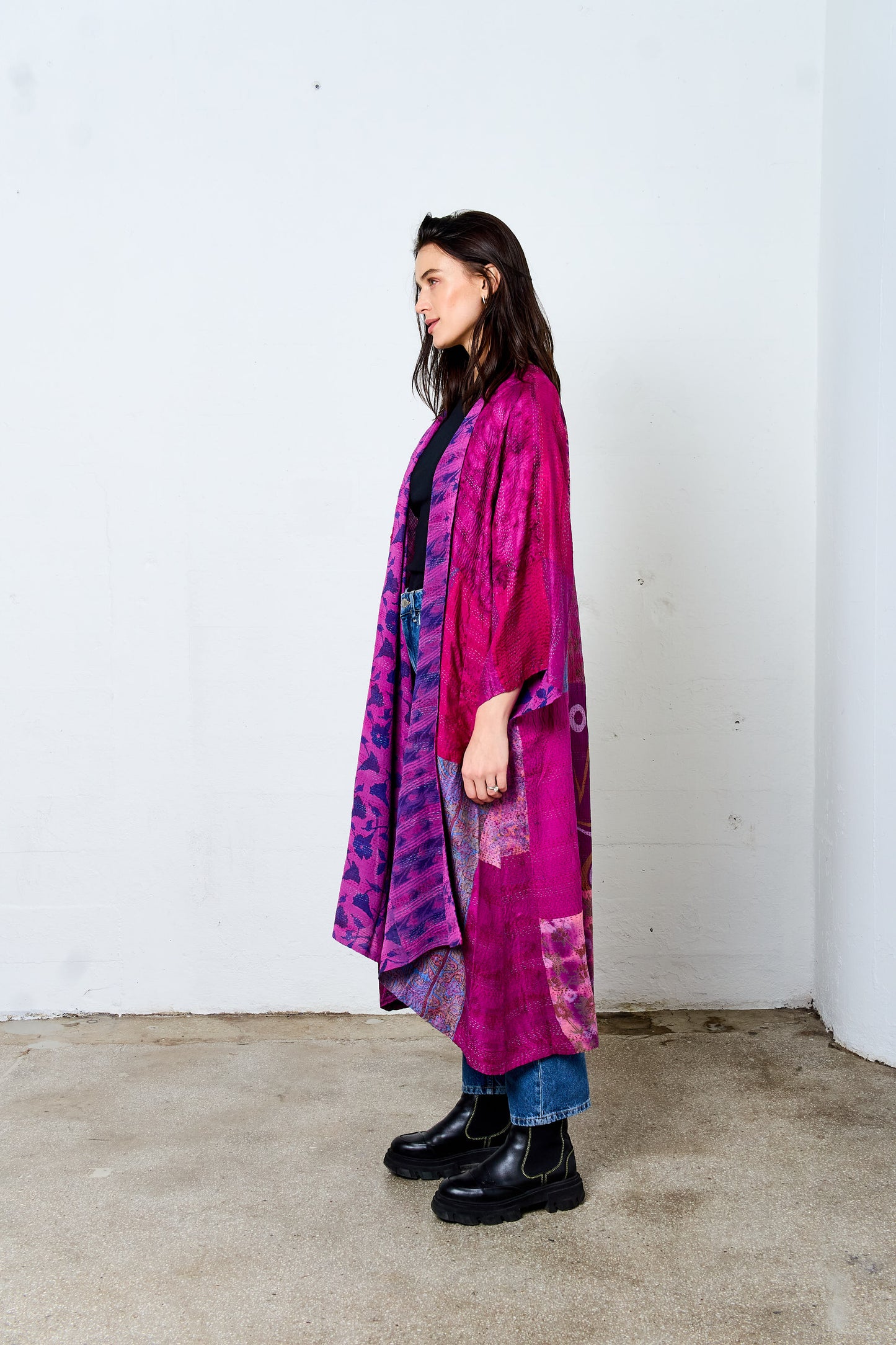GEORGETTE VINTAGE SILK PATCH KANTHA KIMONO MAXI - gs2318-pik -
