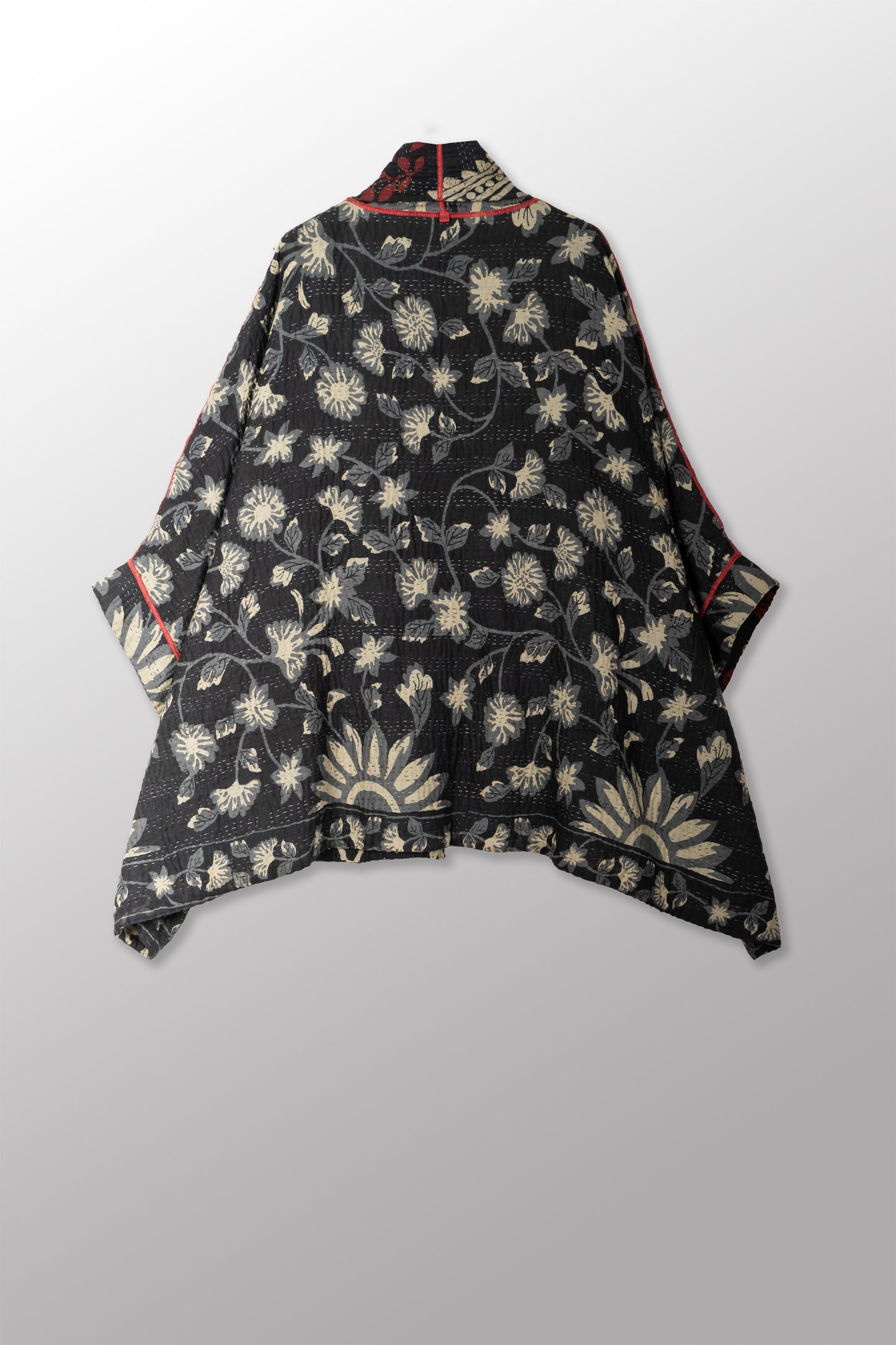 BLACK AND WHITE PRINT PATCH KANTHA DOUBLE COLLAR PONCHO - pn4323-red -