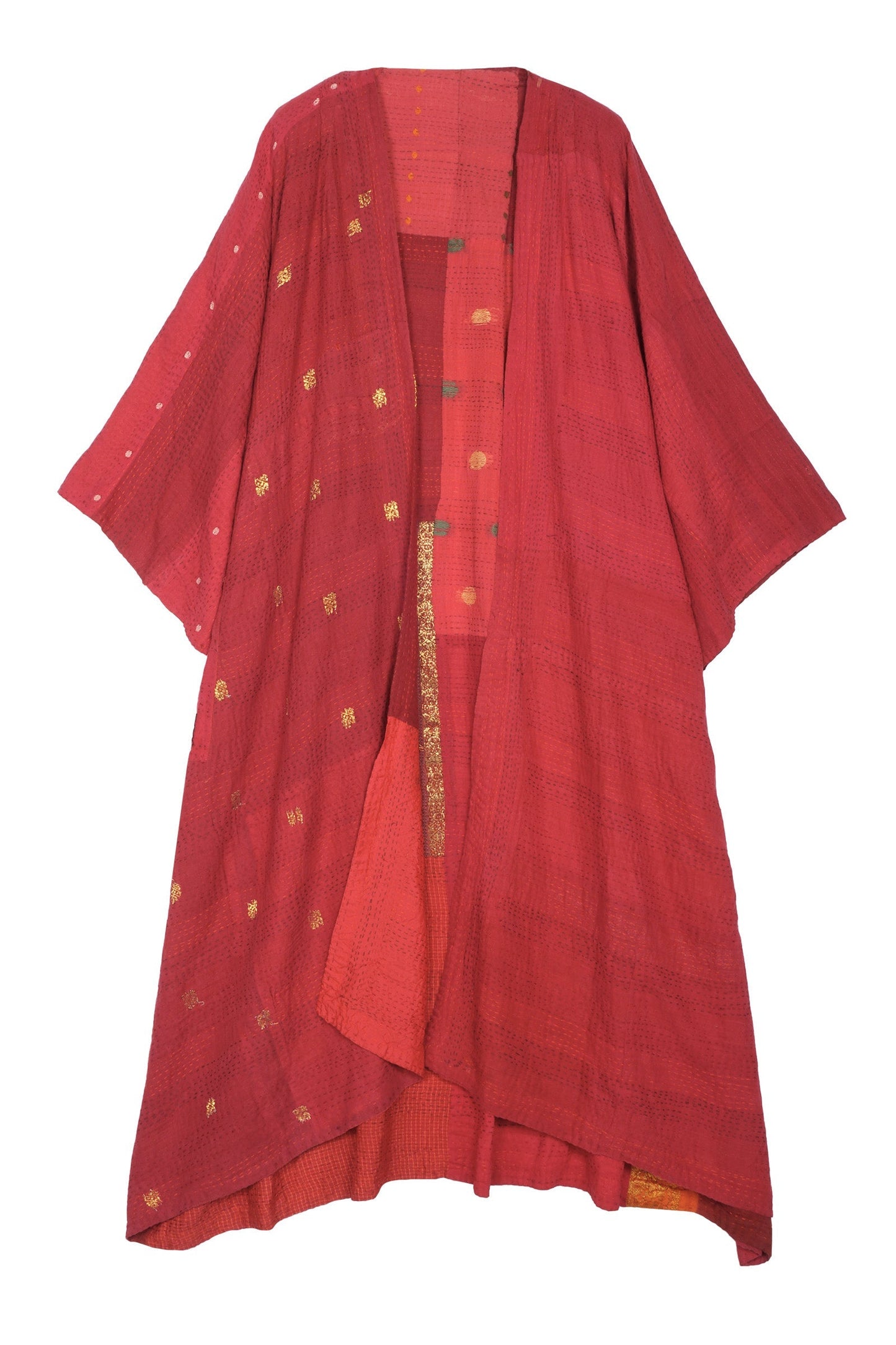 COTTON SILK SW PATCH KANTHA KIMONO MAXI - ws2318-red -