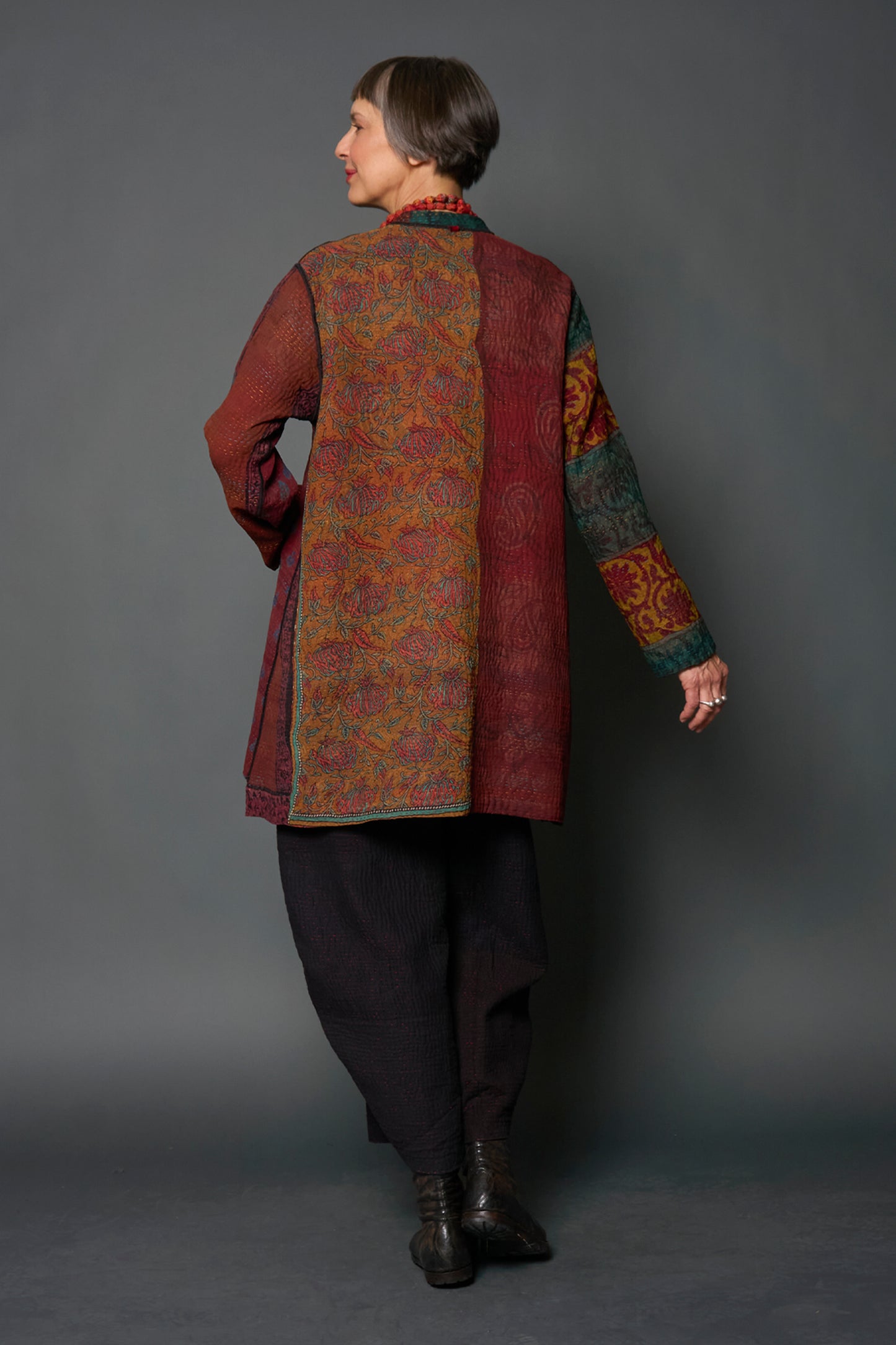 JACQUARD SILK KANTHA KAFTAN JACKET MEDIUM - js4089-brn -