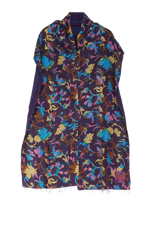 FLORAL SILK PRINT KANTHA SCARF SMALL - fs2800-nvy -