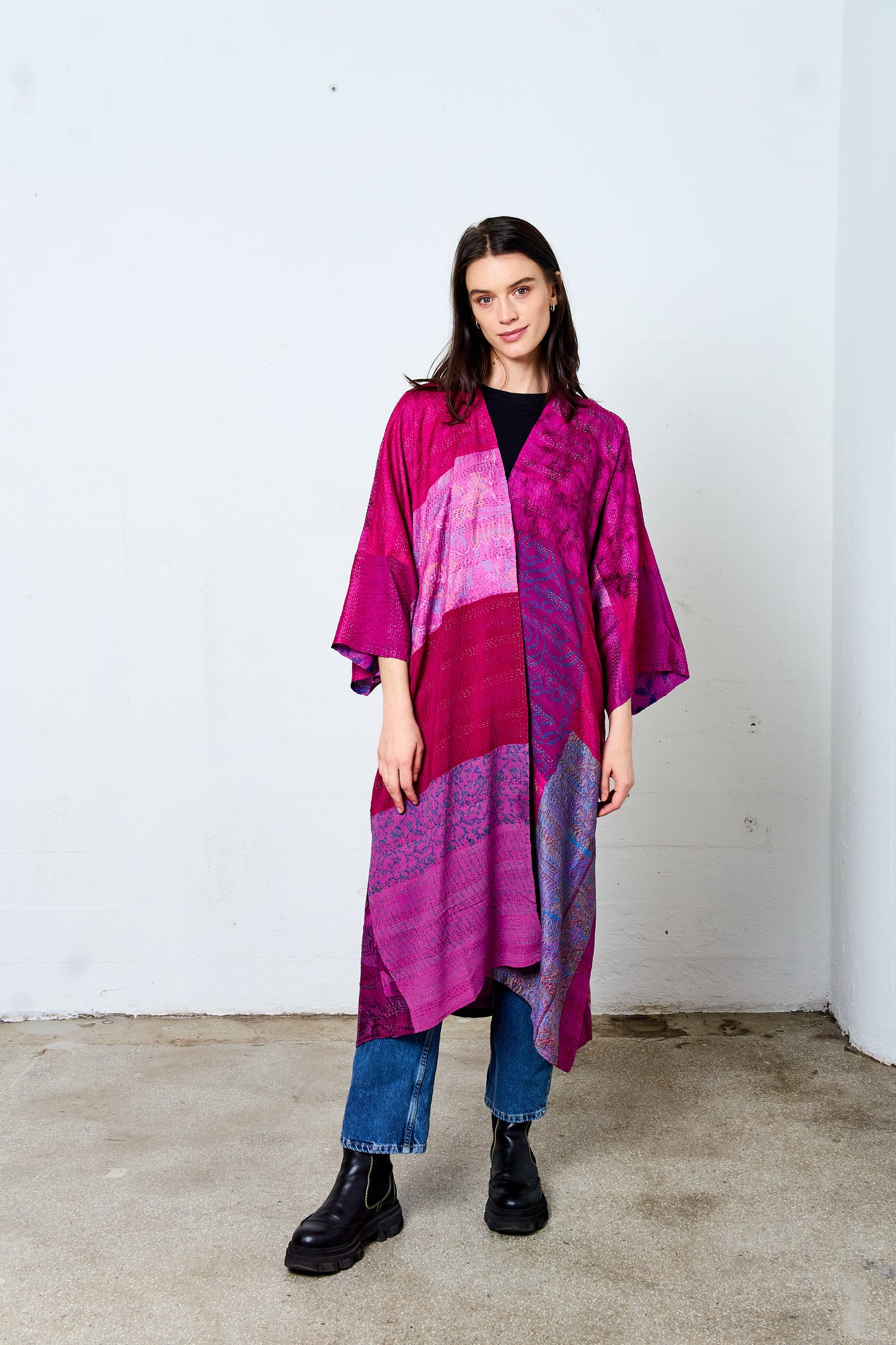 GEORGETTE VINTAGE SILK PATCH KANTHA KIMONO MAXI - gs2318-pik -