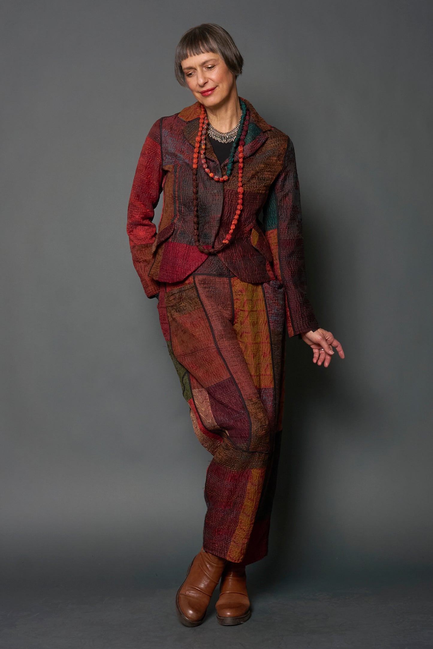 JACQUARD SILK KANTHA CROPPED BASIC JACKET - js4096-brn -
