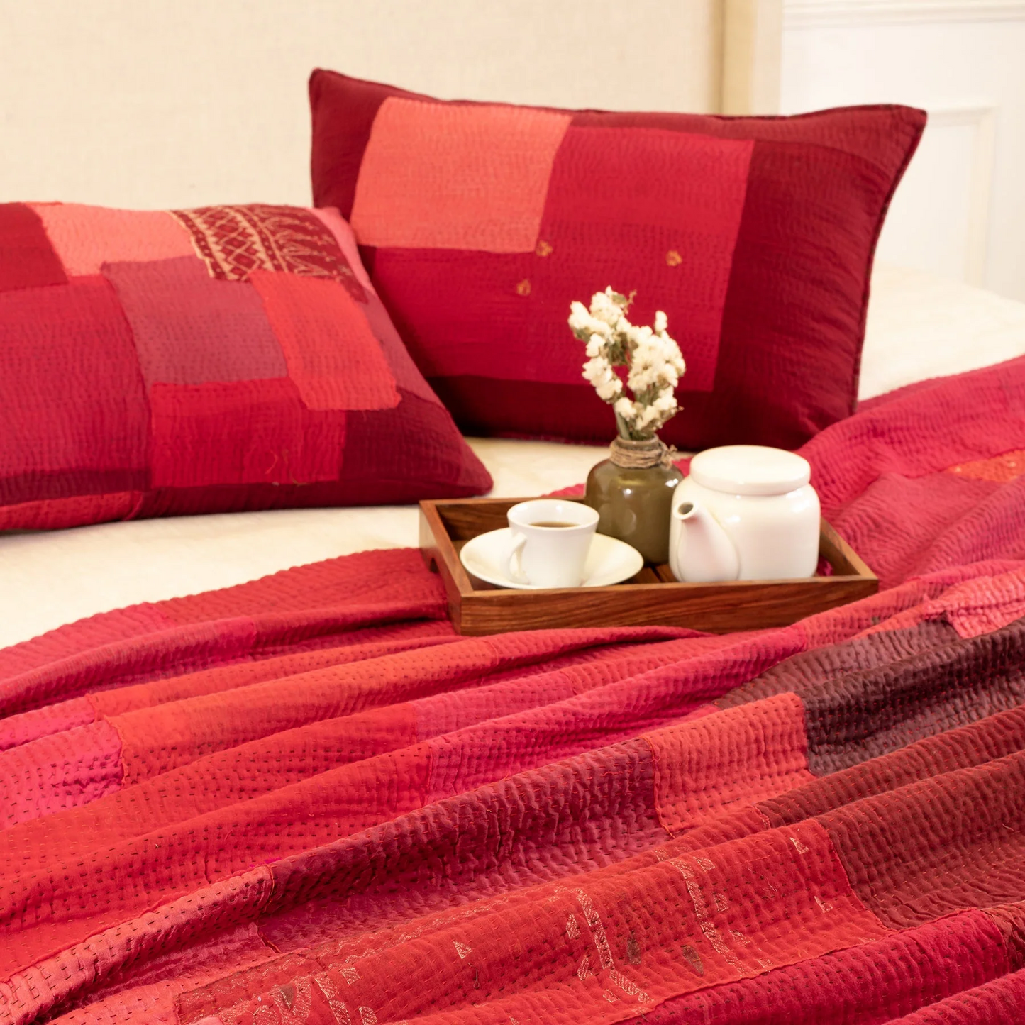 Landscape Handmade Vintage Kantha Bedcover -Red -