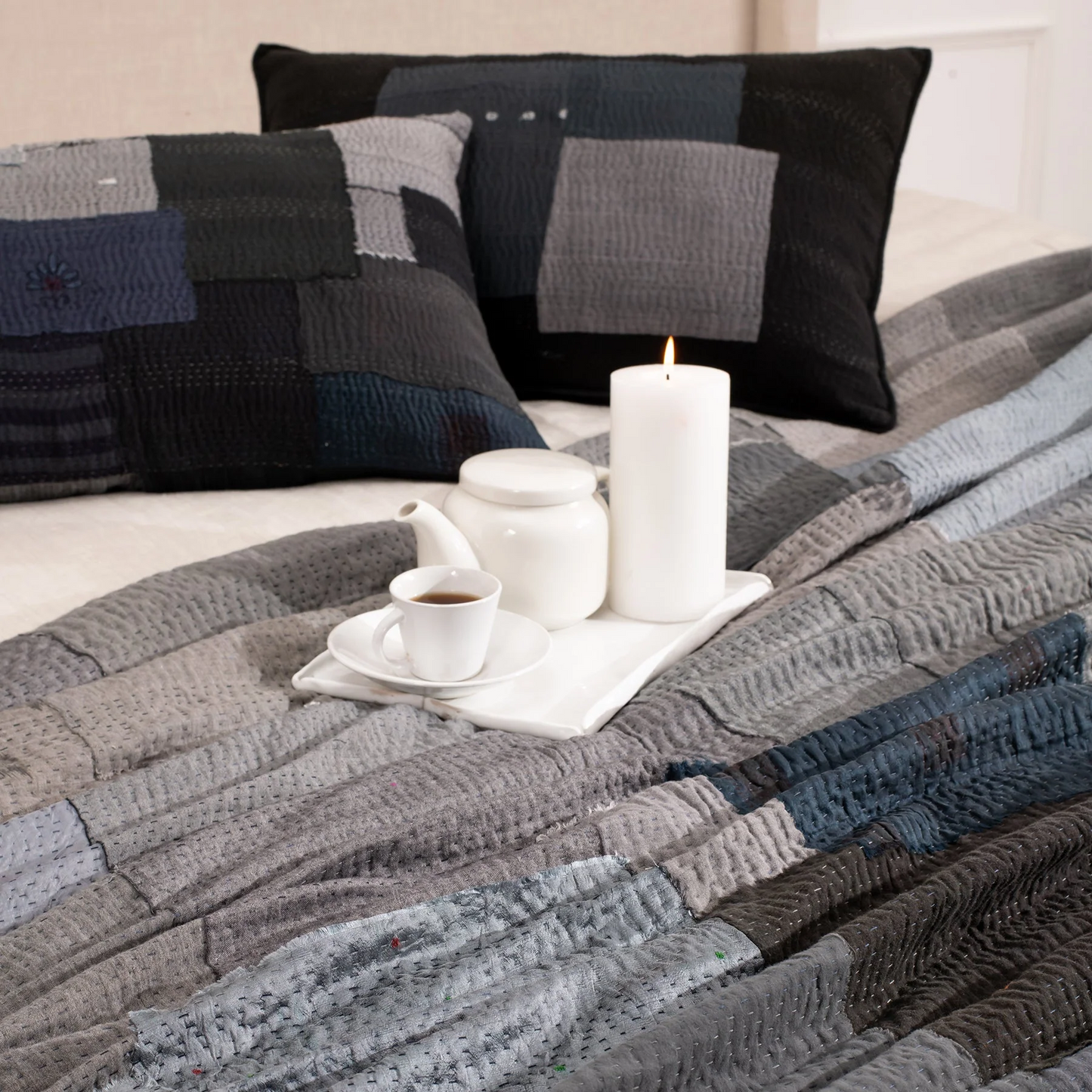 Landscape Handmade Vintage Kantha Bedcover -Black-