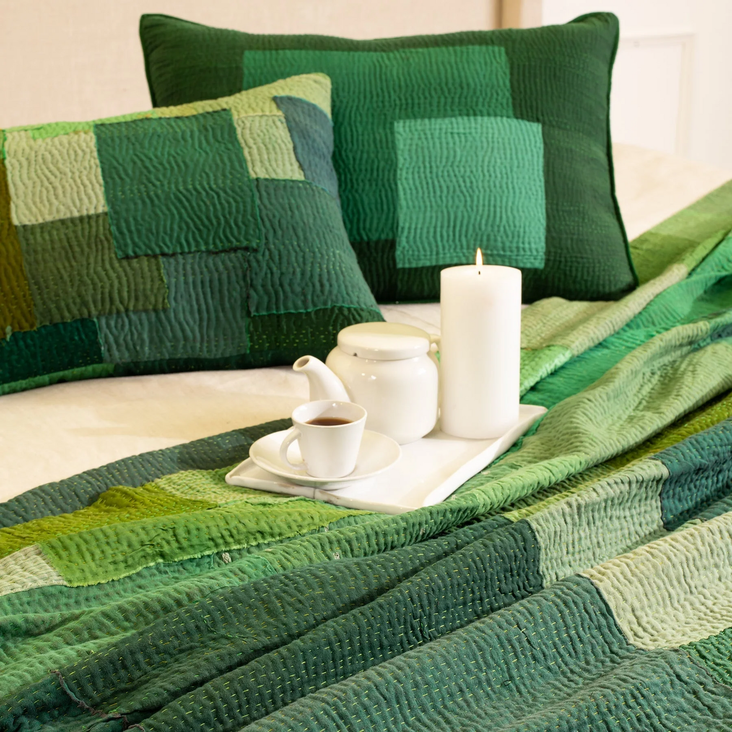 Landscape Handmade Vintage Kantha Bedcover -Green -