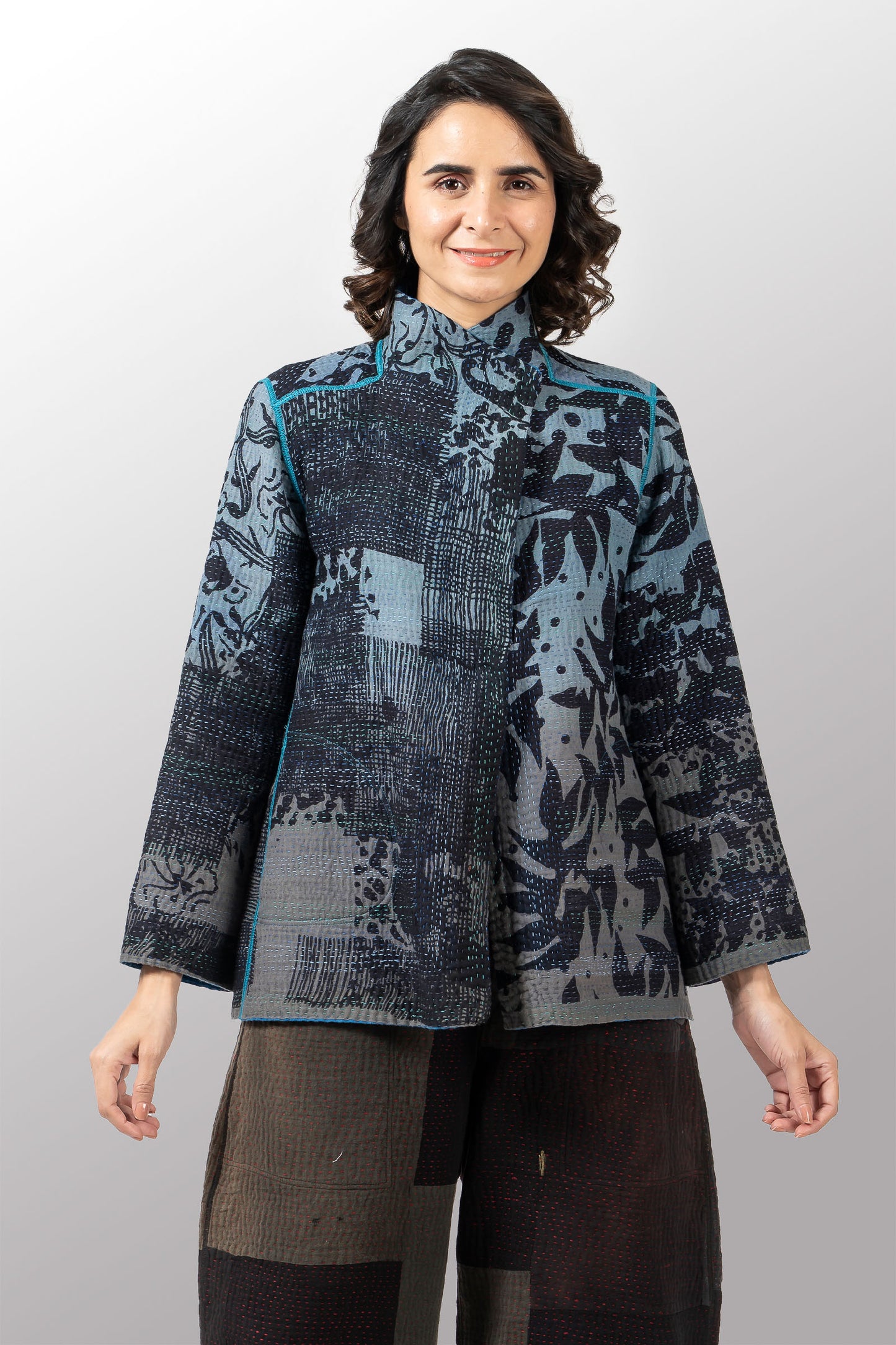 MONOTONE TWILIGHT PRINT KANTHA SHORT JKT - tp4007-blu -