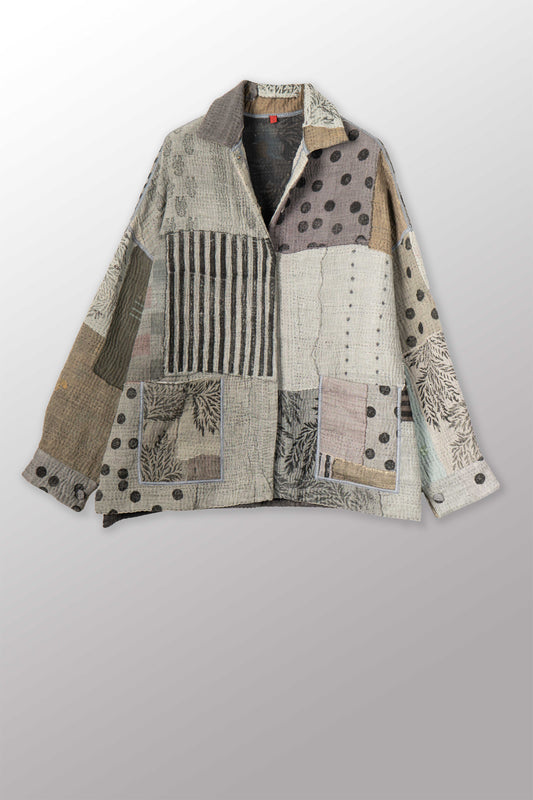 FRAYED PATCH KANTHA WITH STAMP OVERSIZED MINI COAT - sp-fi4332-gry -