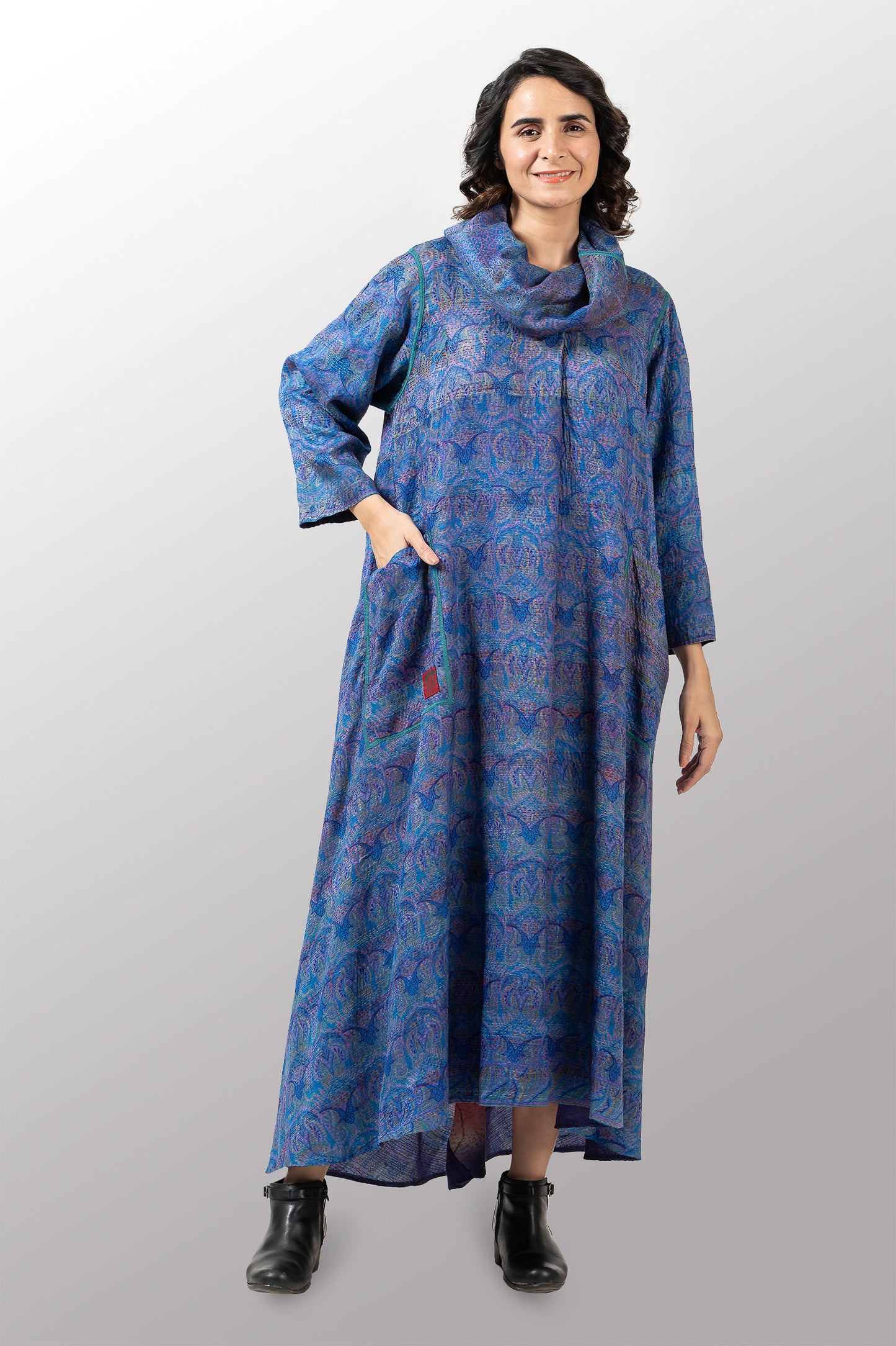 VINTAGE SILK GEORGETTE KANTHA COWL NECK LONG SLEEVE DRESS - sg2450-0003m -