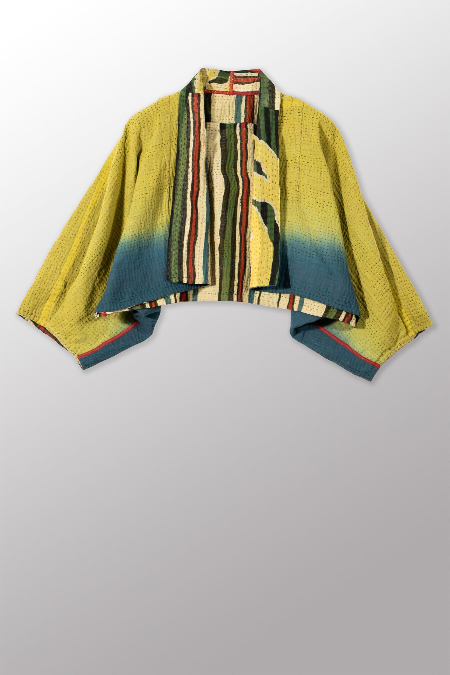 STRIPE AND BENDS KANTHA PUFF SLV. SHRUG - sb4062-grn -