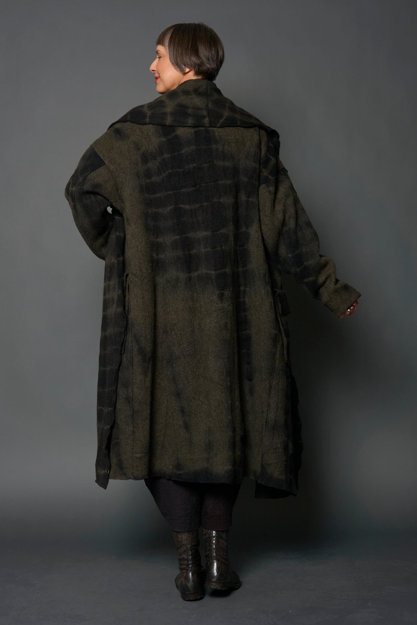 SHIBORI TIE DYE BOILED WOOL SHAWL COAT LONG - tb1351-grn -