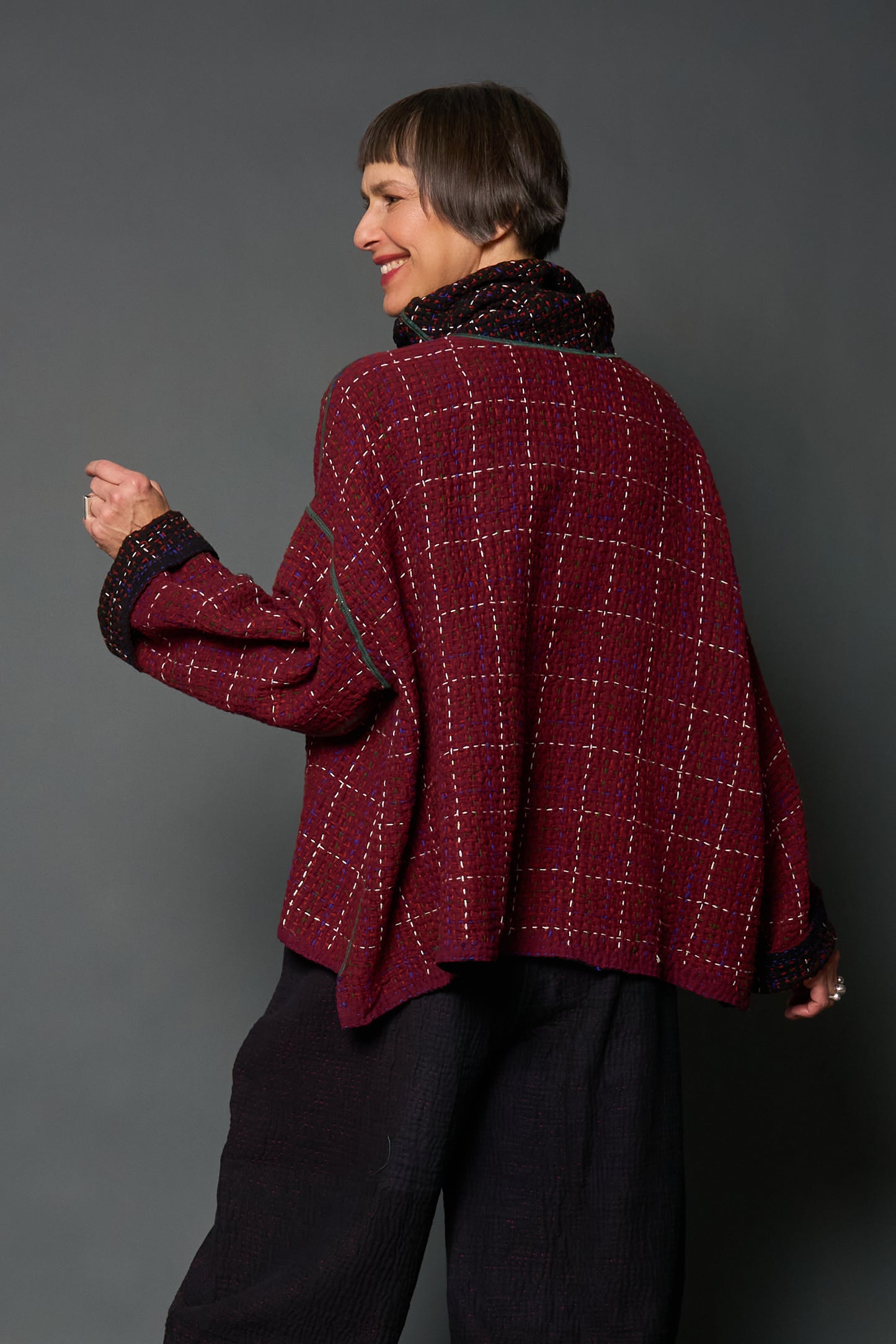 WOOL WAFFLE KANTHA NEW COWL NECK PONCHO - ww3083-red -