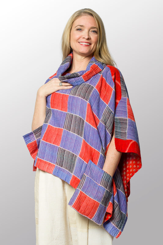 VINTAGE COTTON KANTHA COWL NECK LONG CAPE - cv2842-0005a -