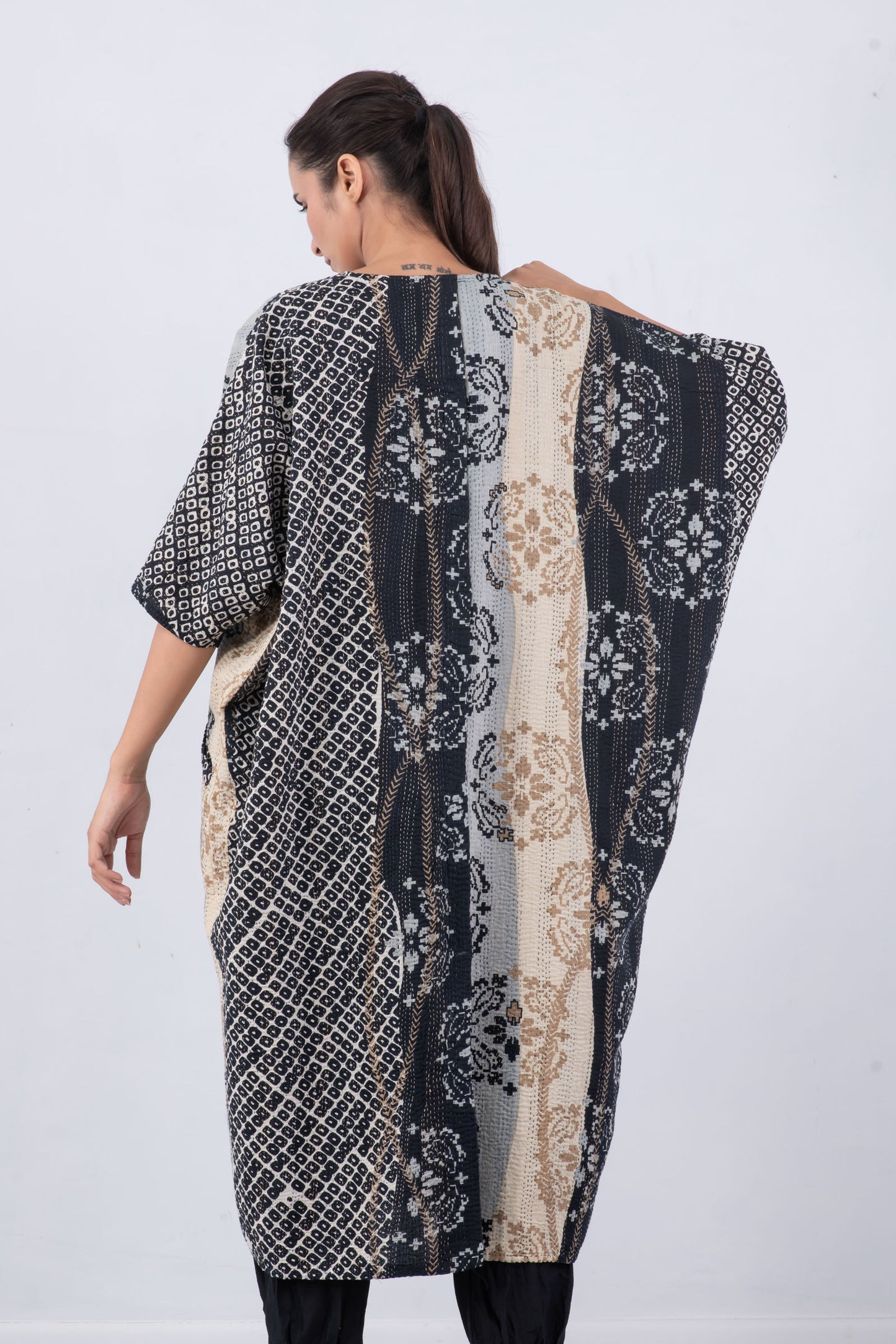 KIMONO COTTON KANTHA DOLMAN MAXI - kc2440-blk -