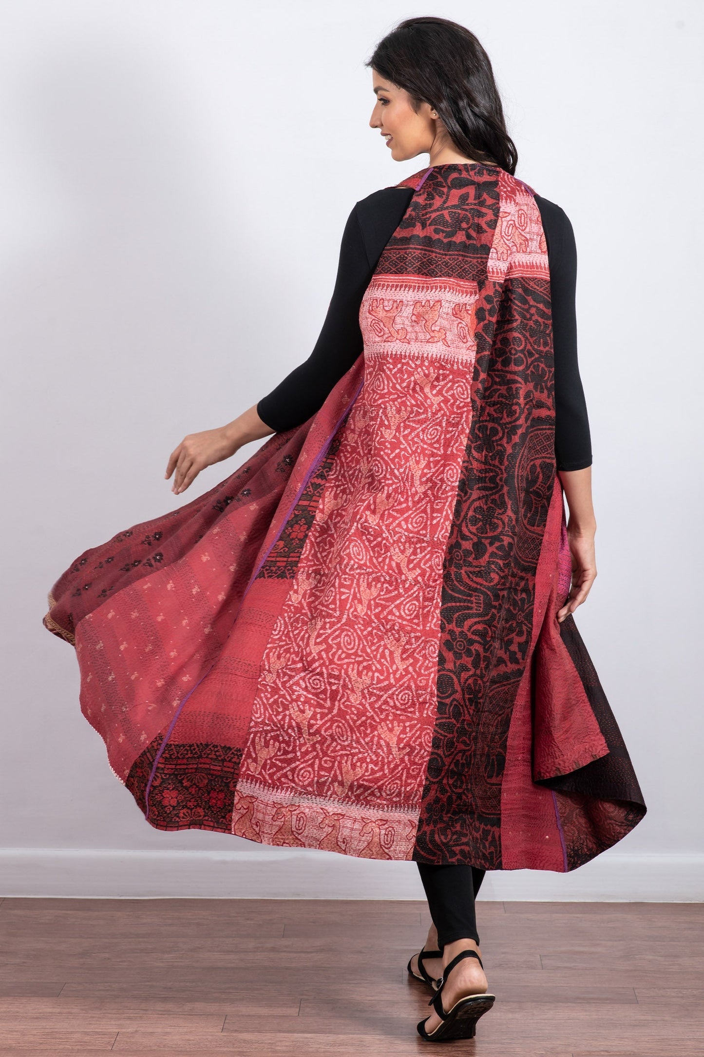 VINTAGE SILK PATCH KANTHA BACK PLEATED VEST MAXI - vp2222-red -