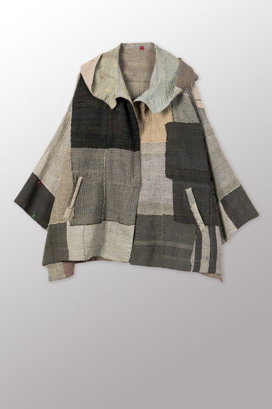 FRAYED PATCH KANTHA HOODIE PONCHO - fi4064-glk -