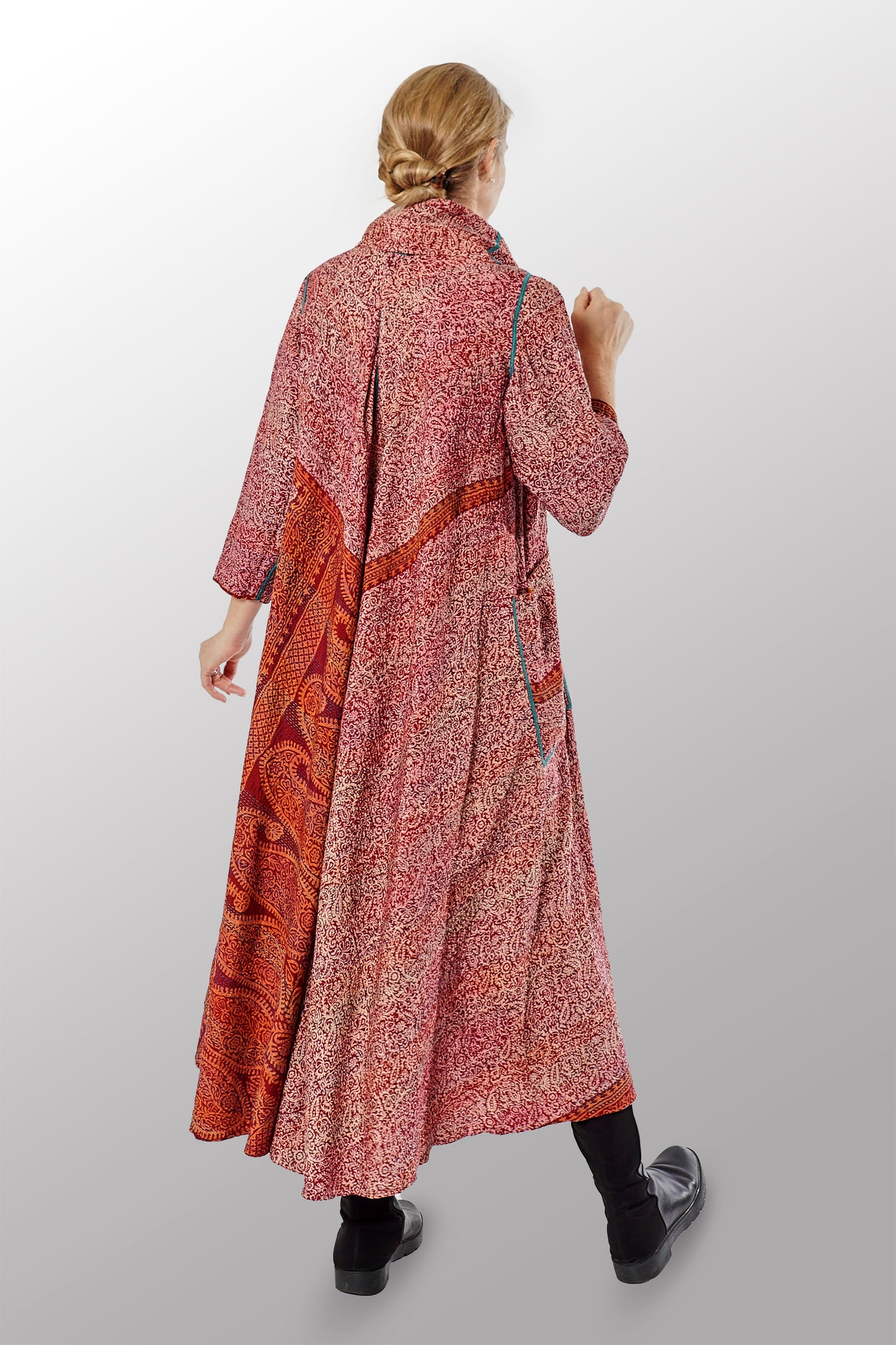 VINTAGE SILK GEORGETTE KANTHA COWL NECK LONG SLEEVE DRESS - sg2450-0004s -