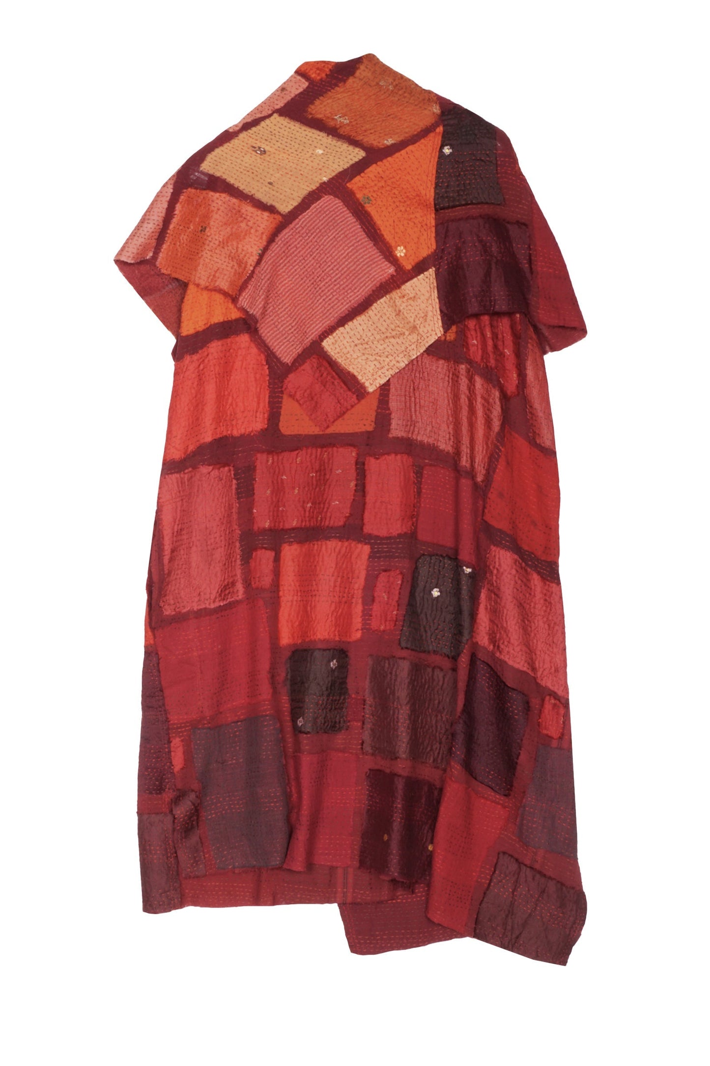 TONAL TILE PATCH KANTHA COWL NECK DRESS - tt2416-red -