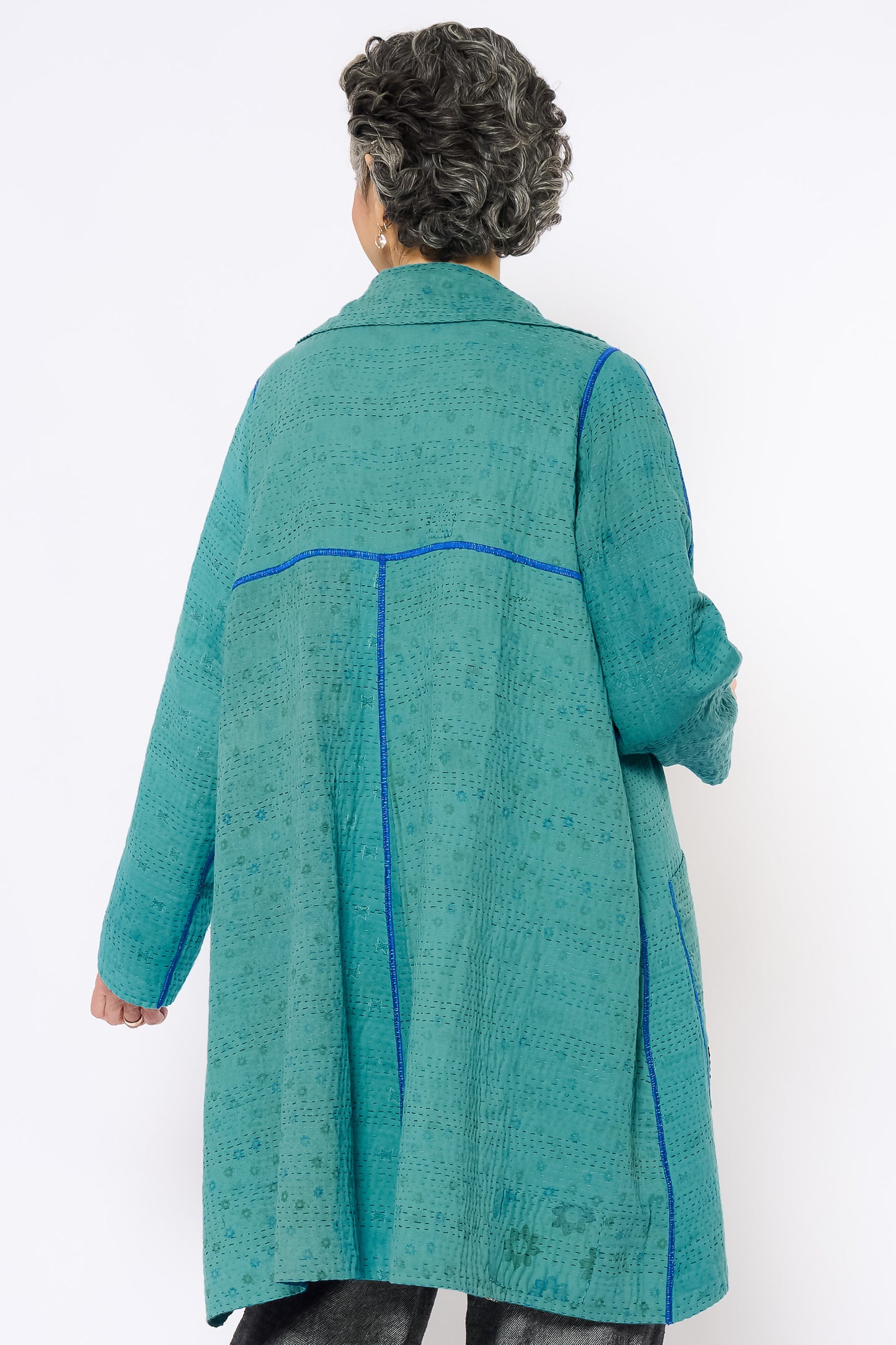 COTTON SILK SW PATCH KANTHA A-LINE DUSTER - ws4311-tuq -