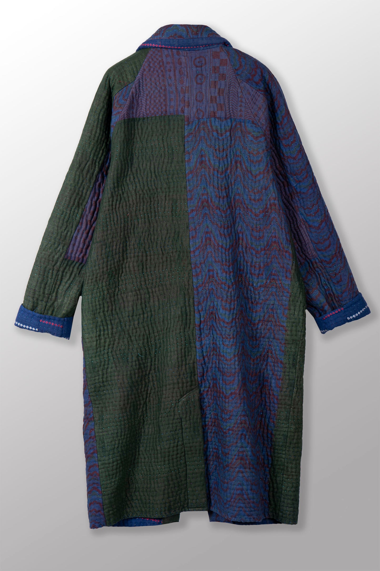 QUILTED OVERDYE COTTON KANTHA RAGLAN SLEEVE COAT - oq5337-cblu001m -