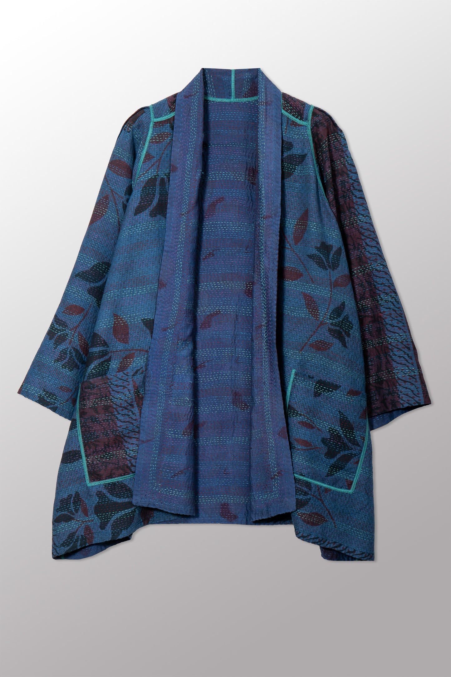 VINTAGE SILK GEORGETTE COTTON KANTHA A-LINE JKT - gc2003-0037a -