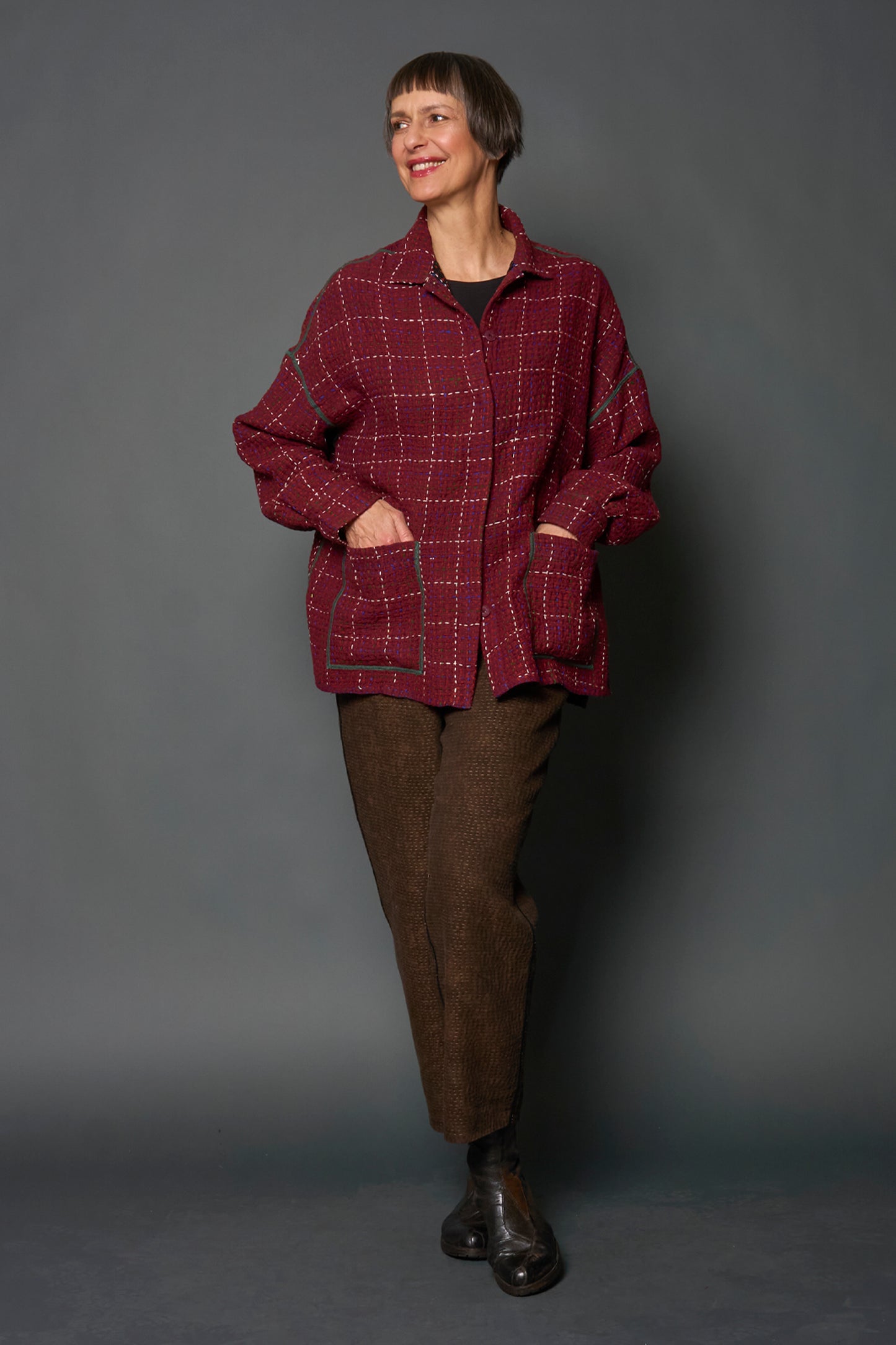 WOOL WAFFLE KANTHA RELAXED SHIRT JACKET - ww3j105-red -