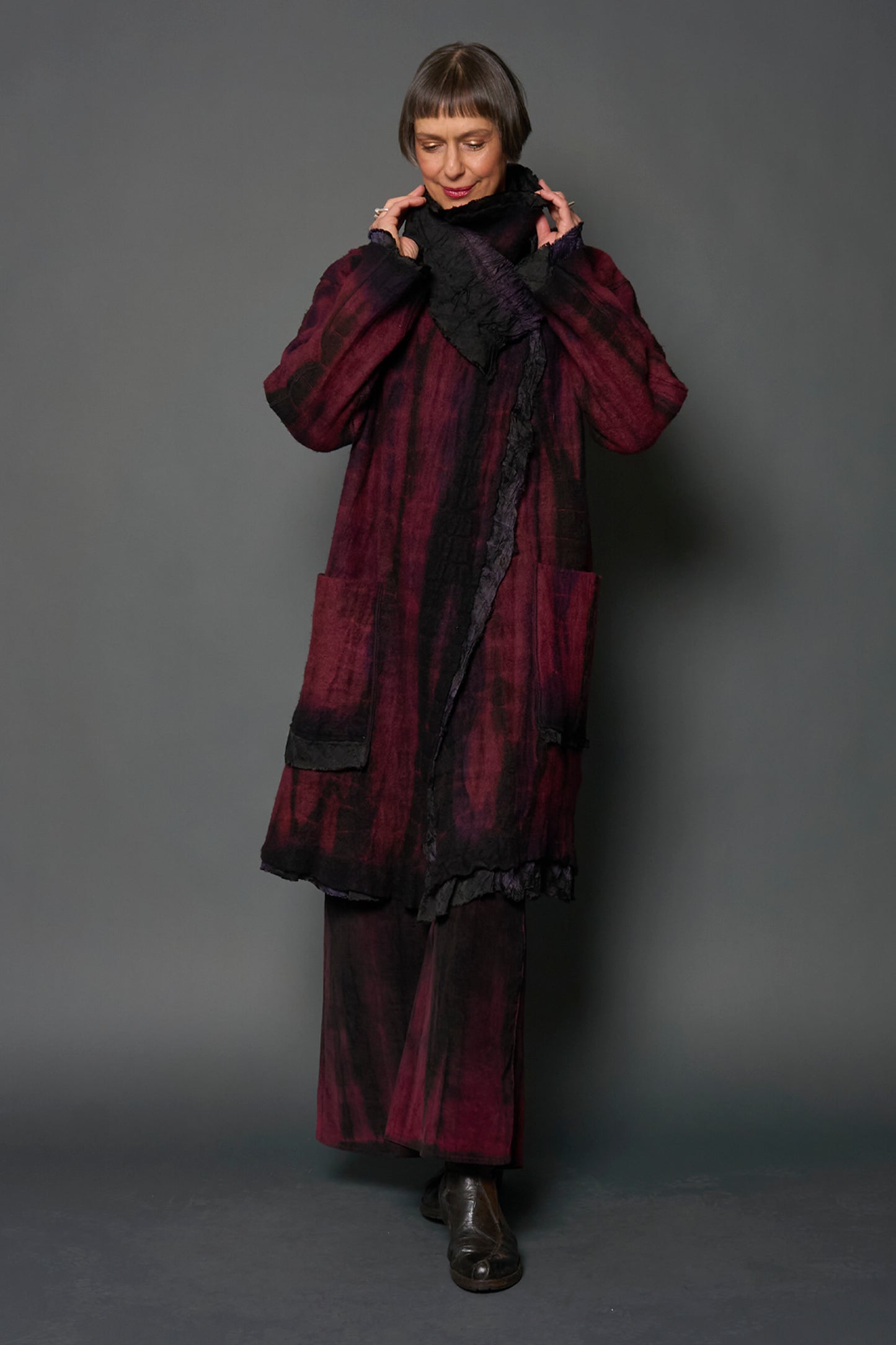 SHIBORI TIE DYE BOILED WOOL WITH JACQUARD PETAL COLLAR COAT - tb2354-pik -