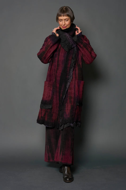 SHIBORI TIE DYE BOILED WOOL WITH JACQUARD PETAL COLLAR  COAT - tb2354-pik -