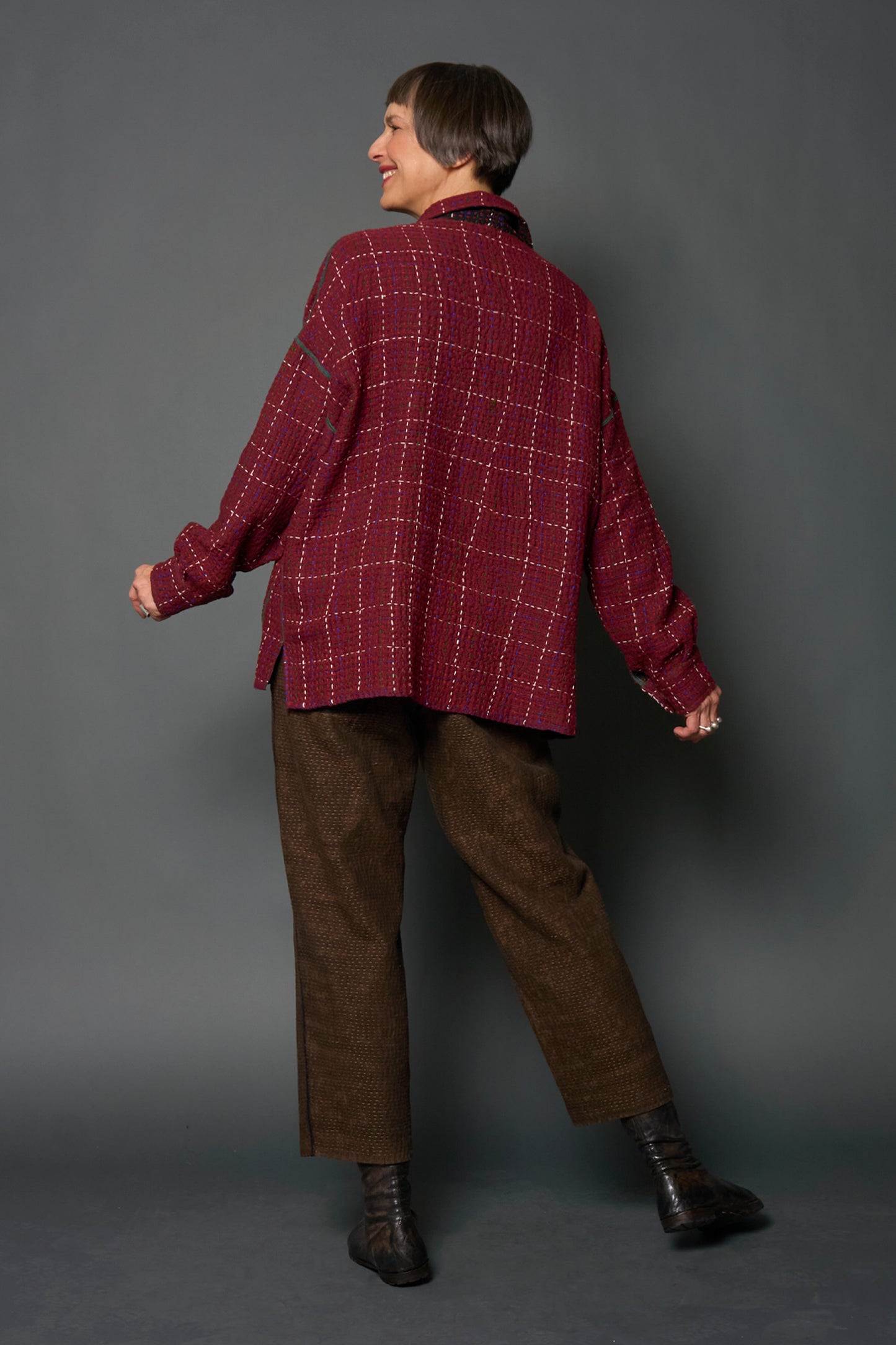 WOOL WAFFLE KANTHA RELAXED SHIRT JACKET - ww3j105-red -