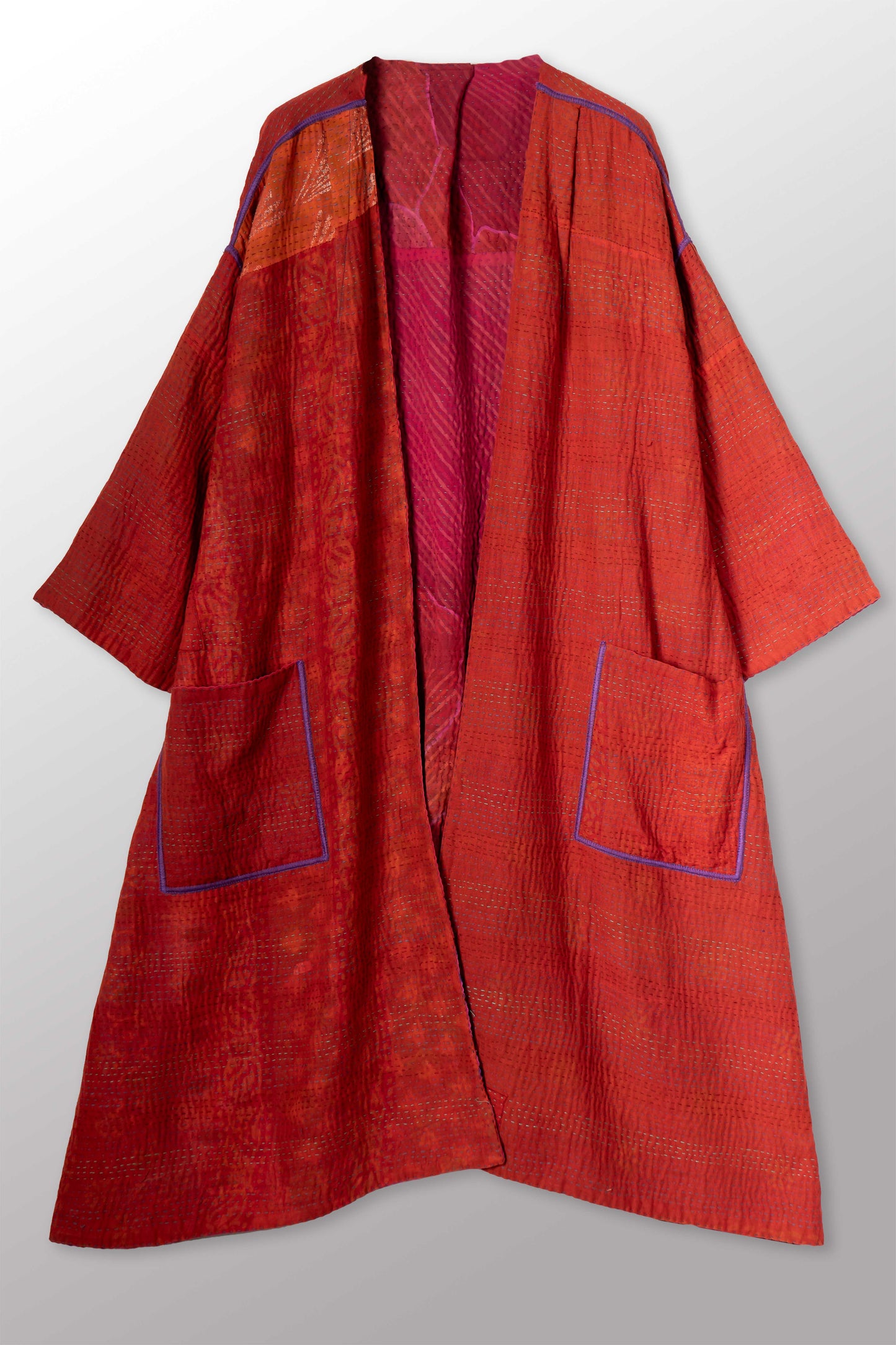 VINTAGE SILK GEORGETTE COTTON KANTHA LONG DUSTER - gc4328-0001a -