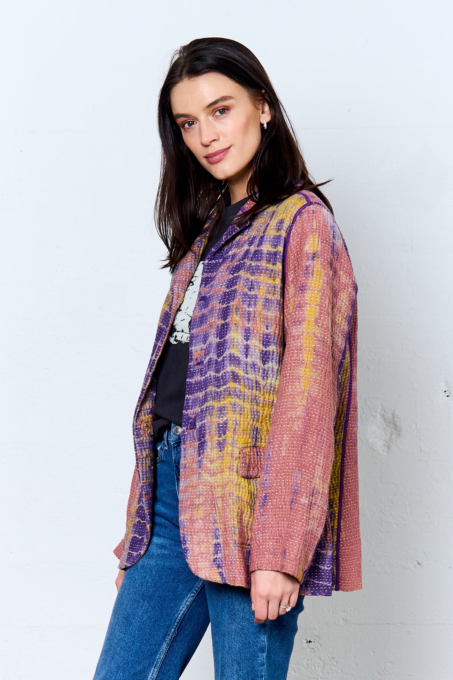 MONE SHIBORI TIE DYE KANTHA BASIC JACKET - ms5052-prp -