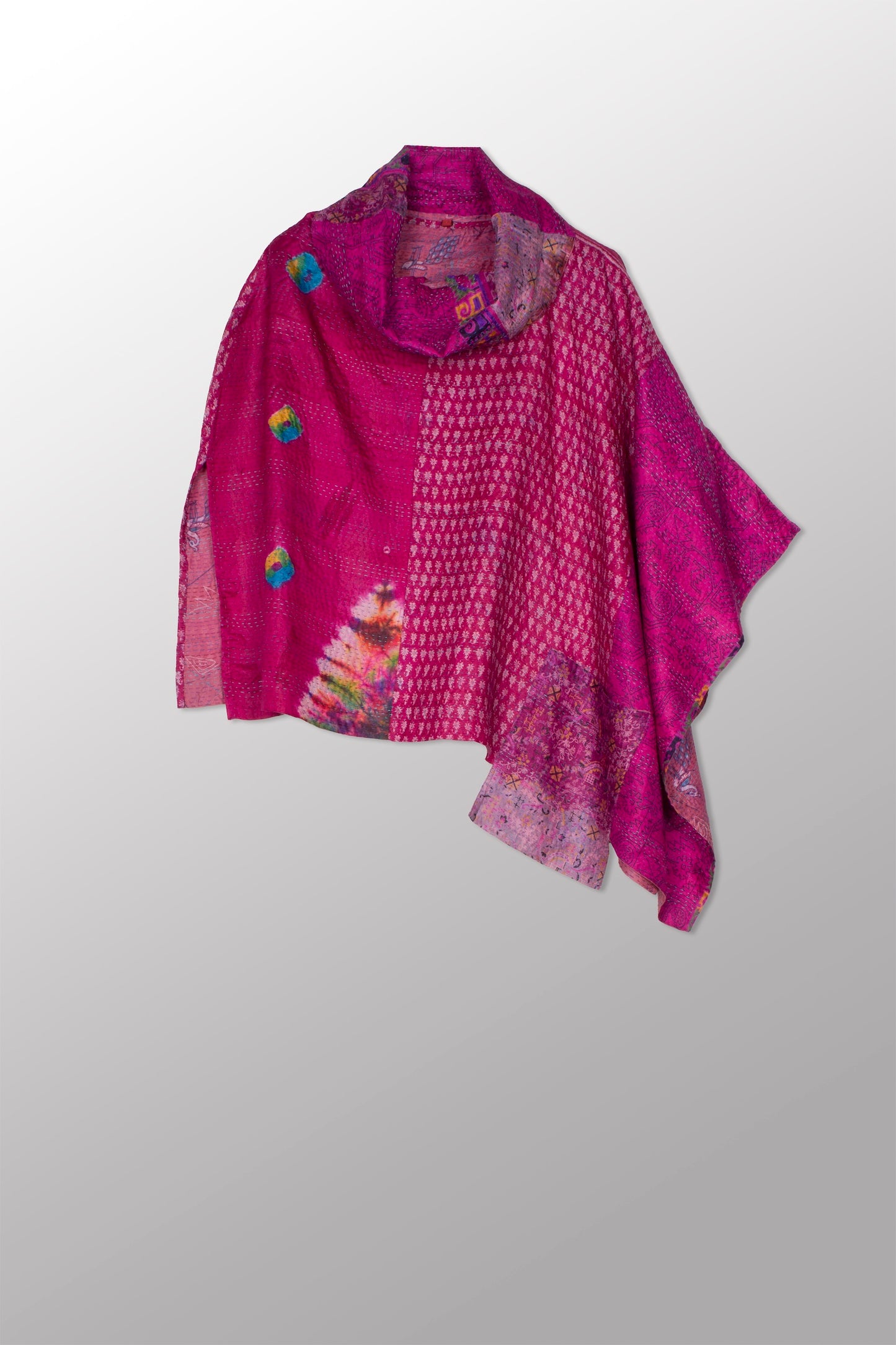 VINTAGE SILK KANTHA COWL NECK LONG CAPE - sv2842-mlt -
