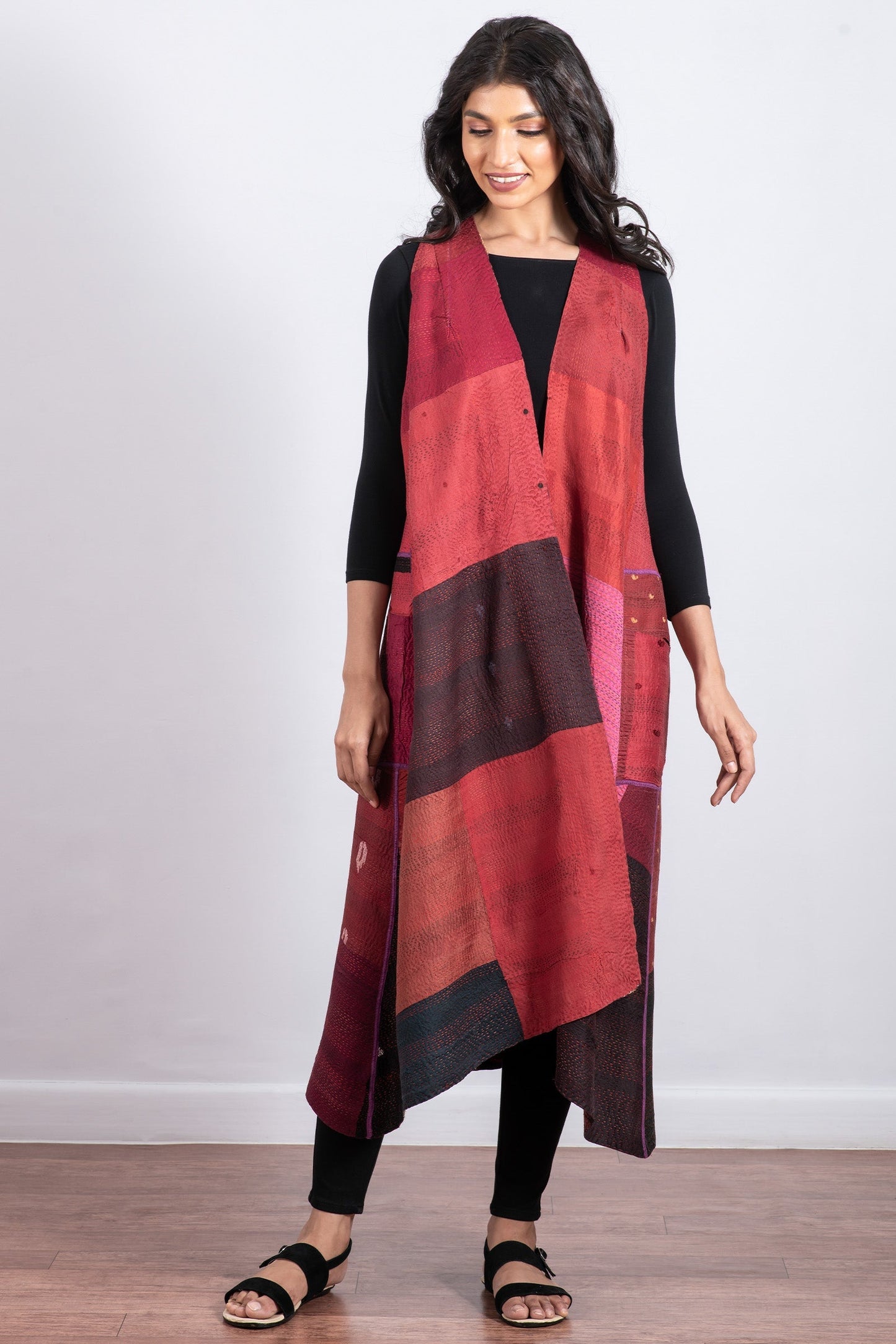 VINTAGE SILK PATCH KANTHA BACK PLEATED VEST MAXI - vp2222-red -