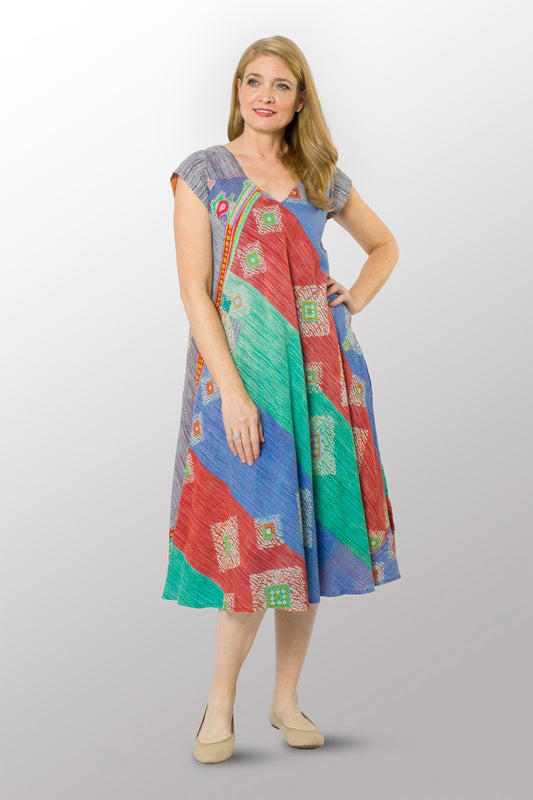 VINTAGE COTTON KANTHA CAP SLV. FLARE DRESS - cv2425-0017m -