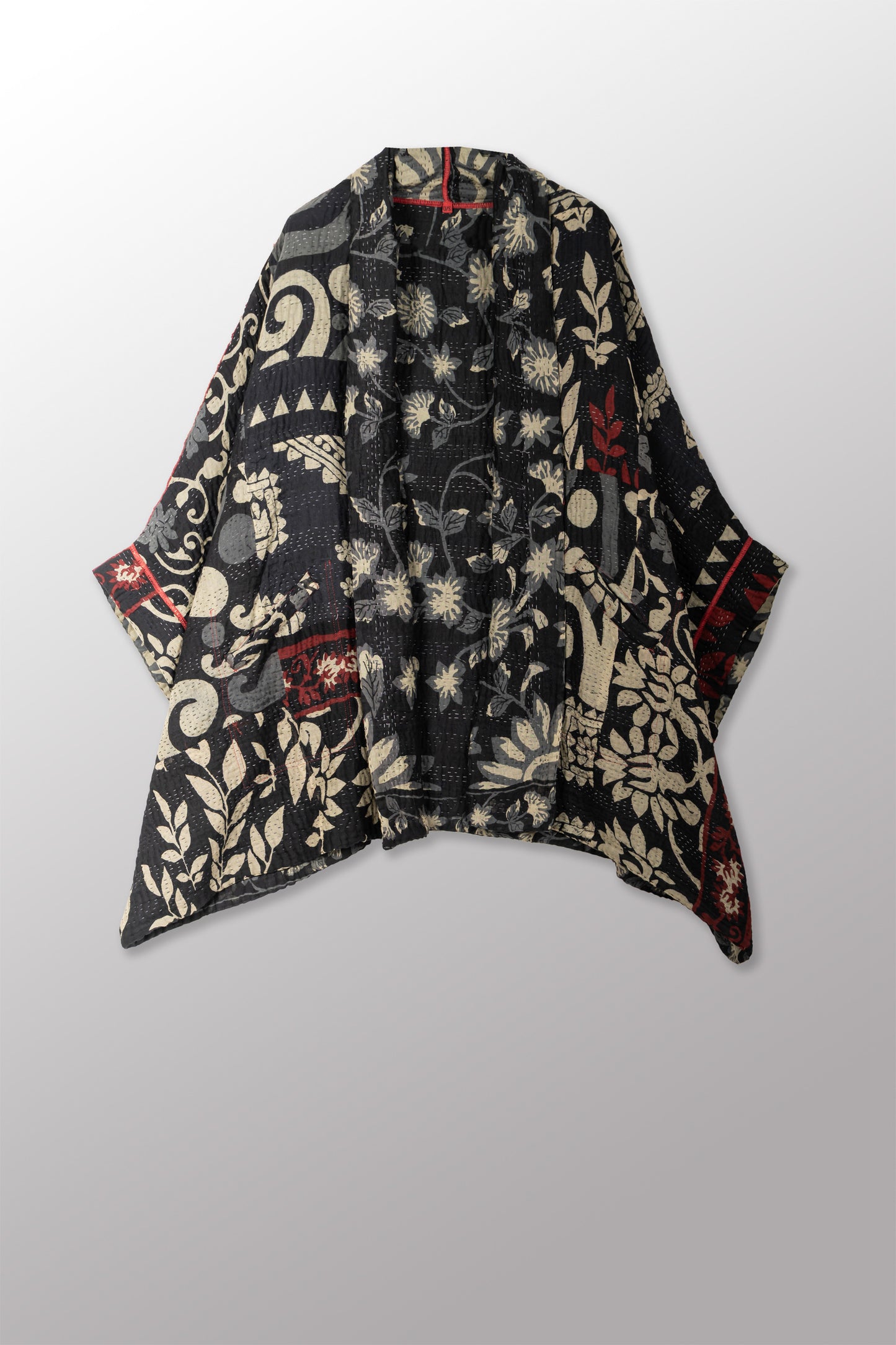 BLACK AND WHITE PRINT PATCH KANTHA DOUBLE COLLAR PONCHO - pn4323-blk -