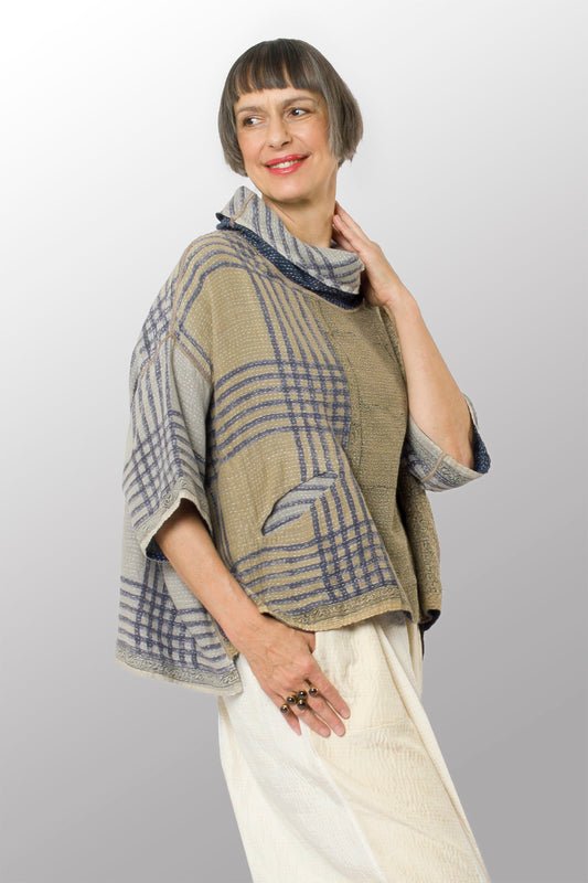 INDONESIAN PRINT VINTAGE INDIGO BACKING KANTHA COWL NECK PONCHO - bi2061-blu -