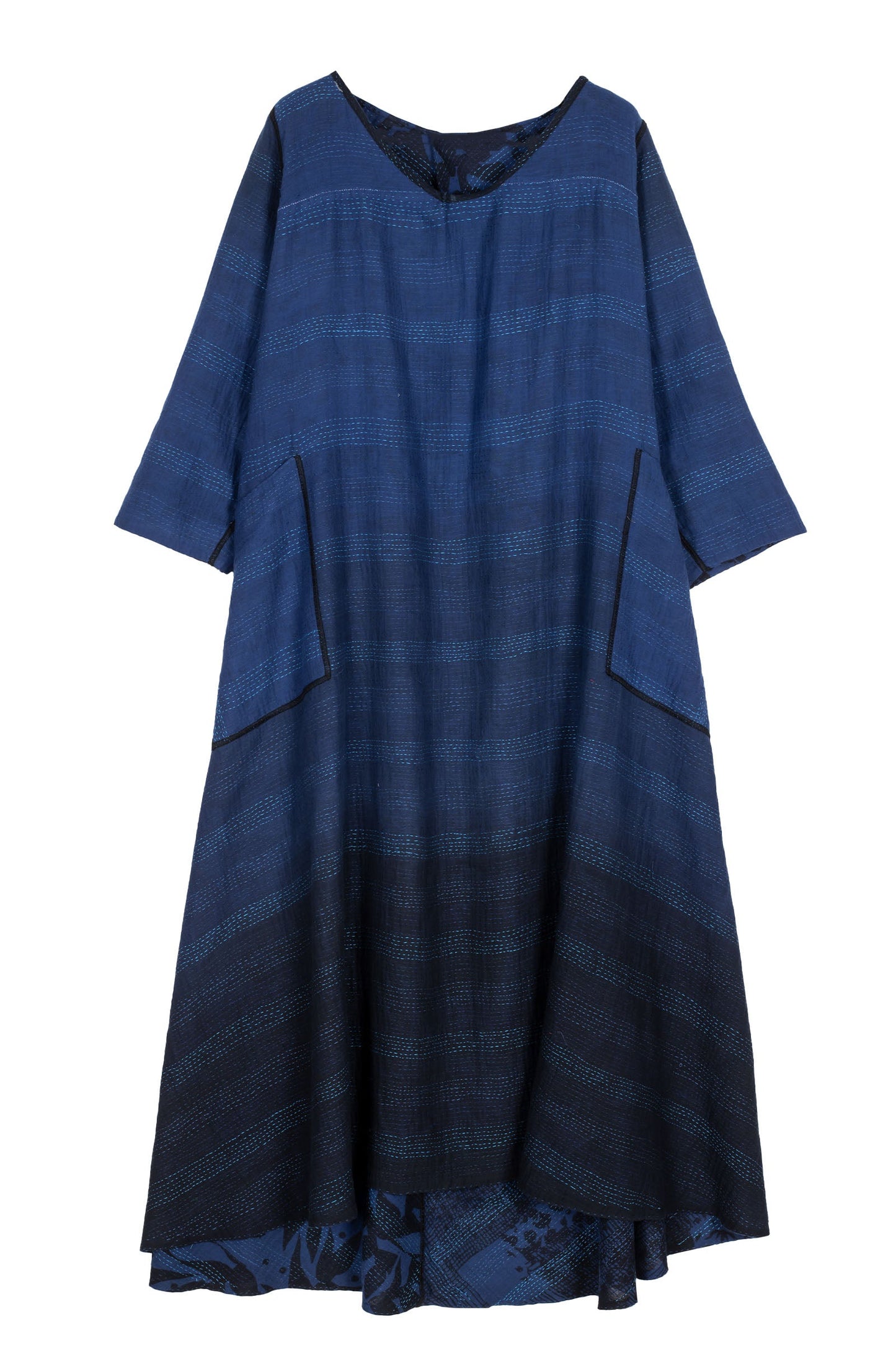 MONOTONE TWILIGHT PRINT KANTHA V-NECK MAXI WITH SLEEVES - tp2441-nvy -