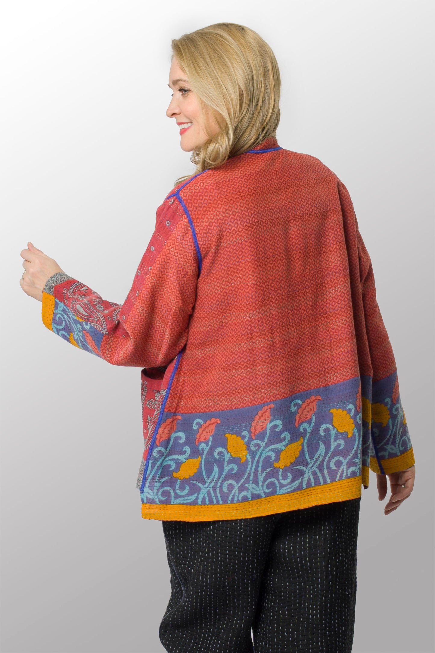 VINTAGE COTTON KANTHA KAFTAN JACKET SHORT - cv2088-0001m -