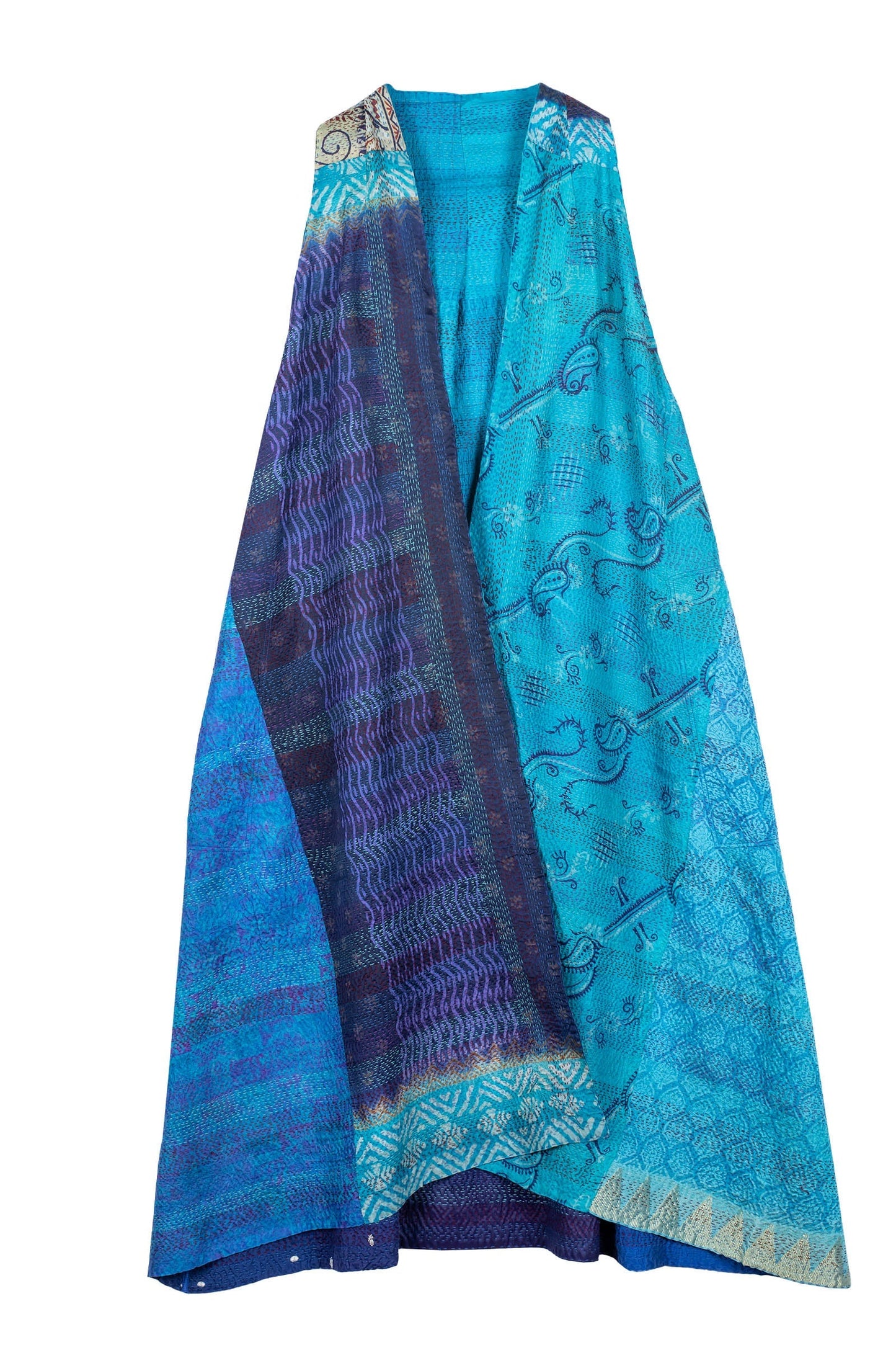 VINTAGE SILK PATCH KANTHA BACK PLEATED VEST MAXI - vp2222-blu -
