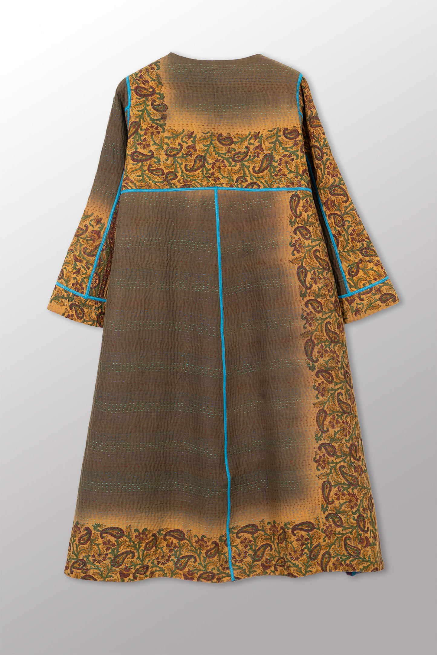 COTTON OVERDYE KANTHA WRAP FLARE COAT - ov4330-cblu004a -
