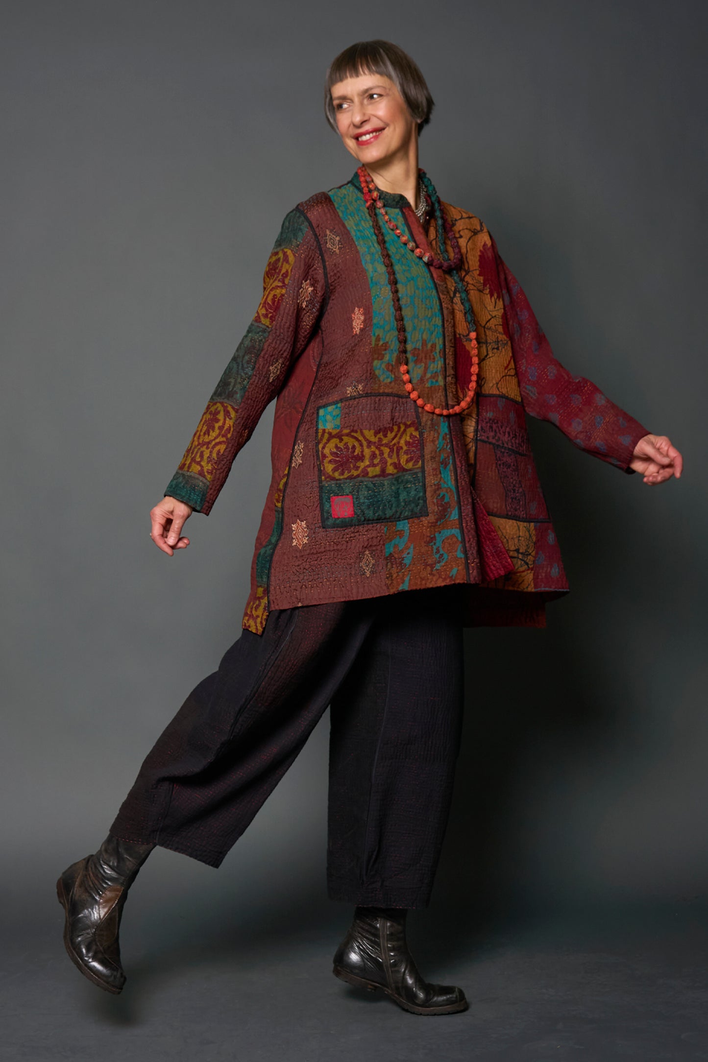 JACQUARD SILK KANTHA KAFTAN JACKET MEDIUM - js4089-brn -