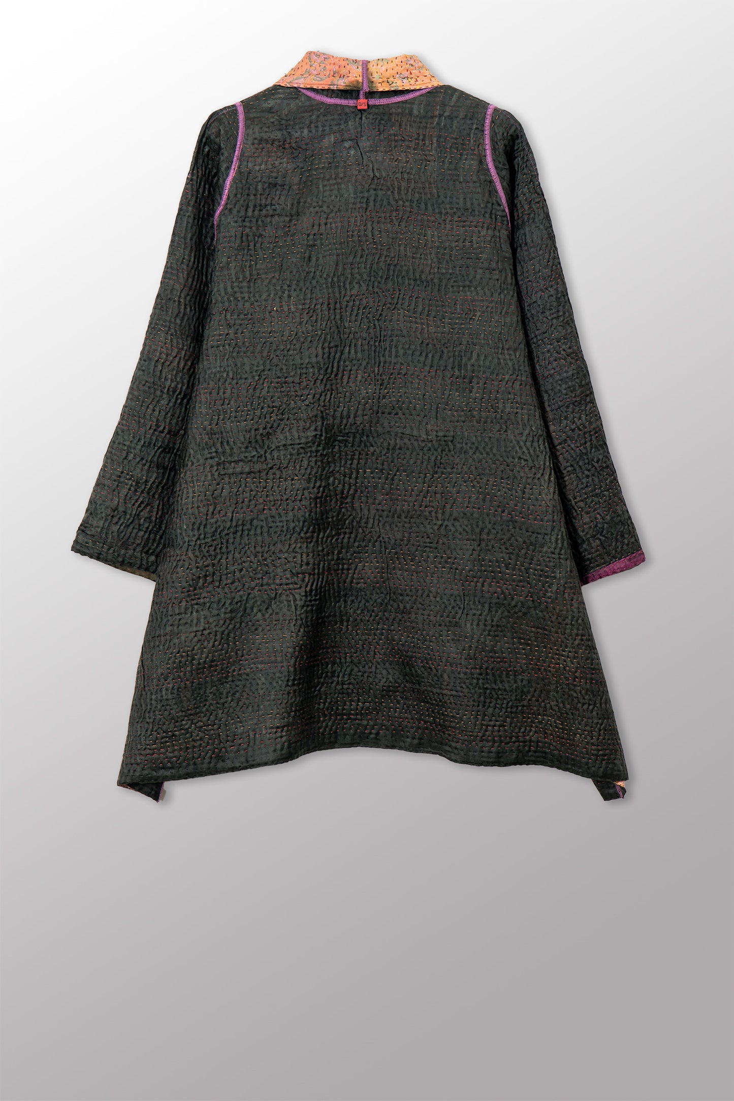 VINTAGE PRINTED SILK CLAMP DYE WITH JACQUARD KANTHA A-LINE JACKET - sk4003-0001a -